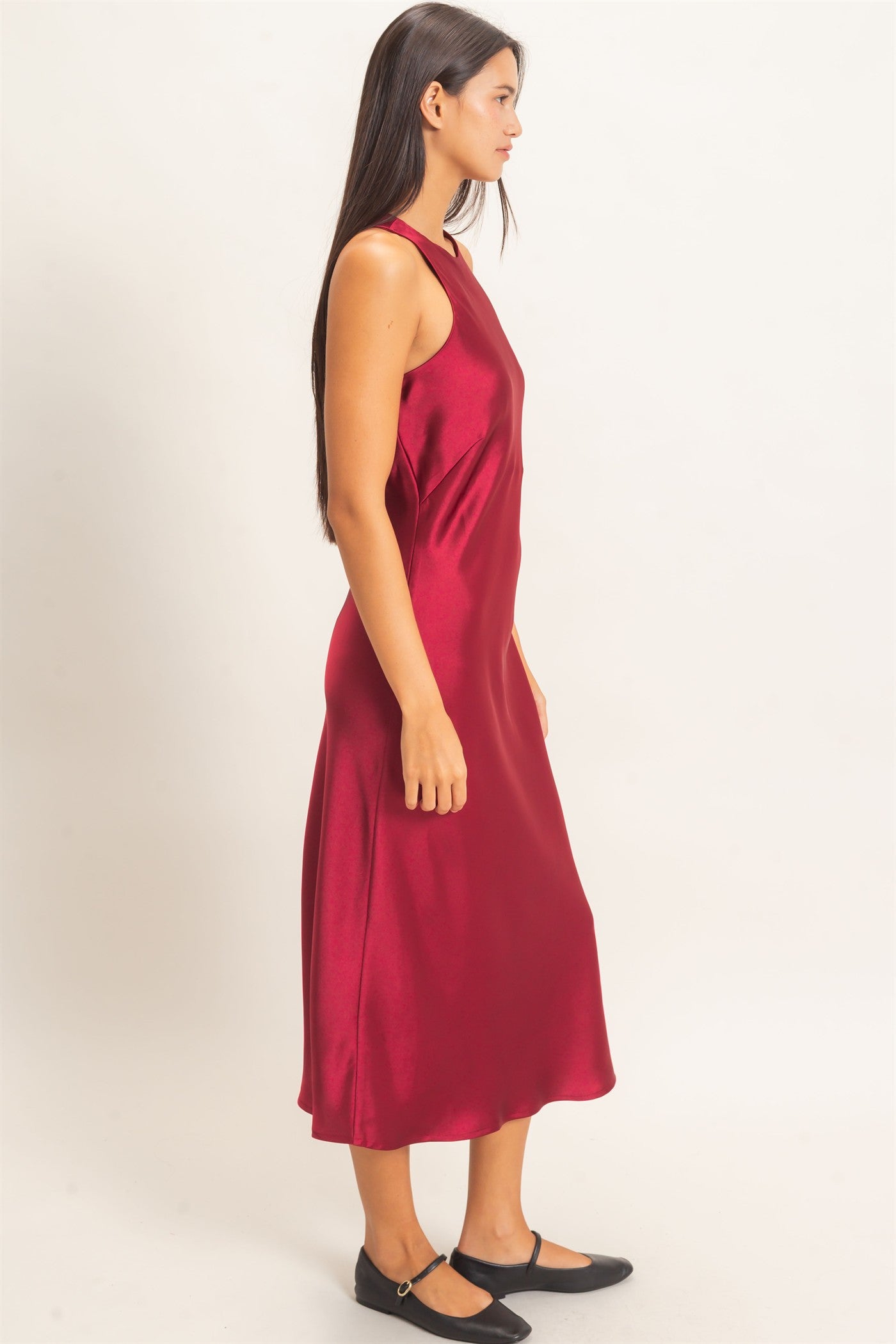 Wholesale Sleeveless Satin Midi Dress Dresses DZ26E257 BURGUNDY DOUBLE ZERO