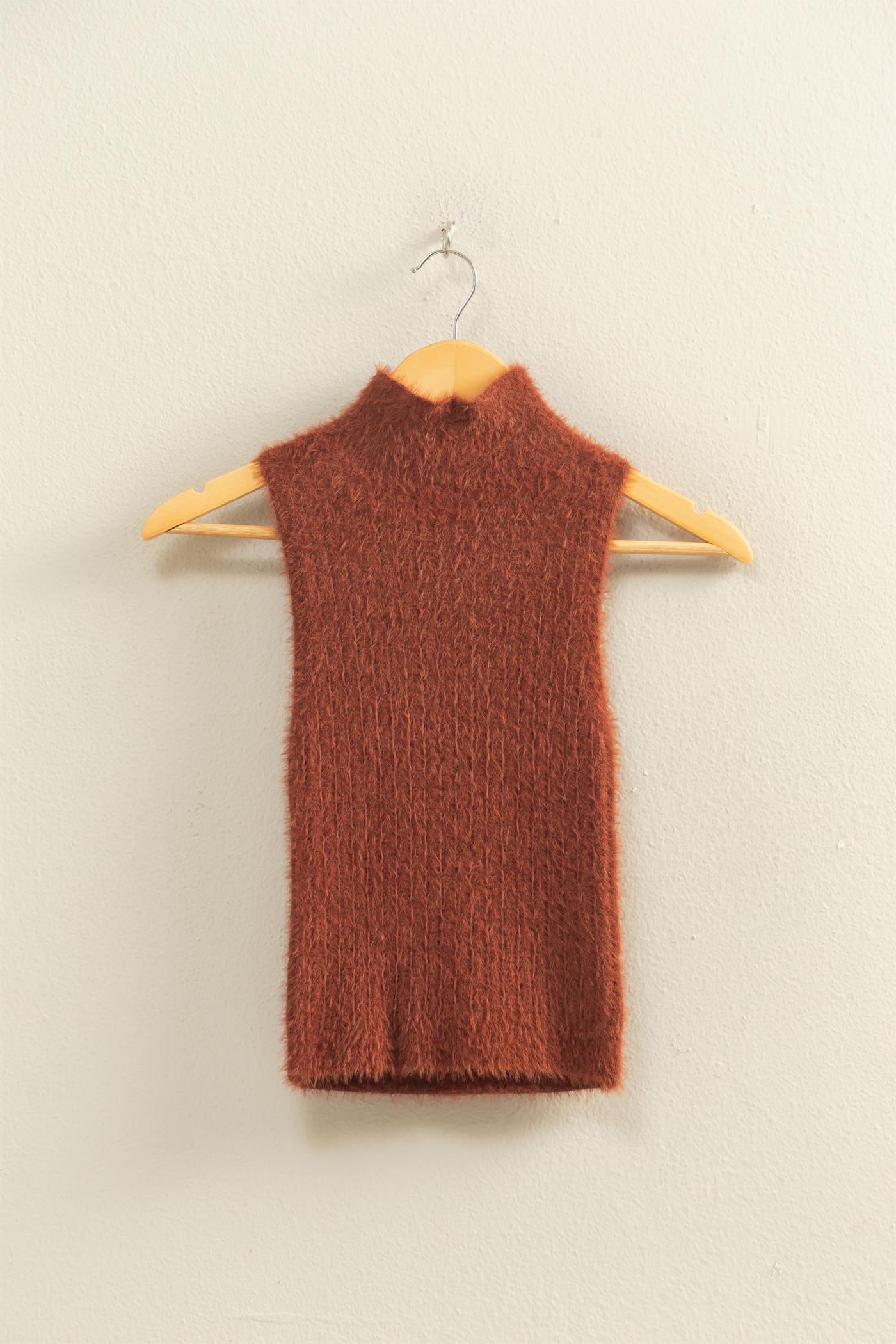 Wholesale Ribbed Sleeveless High Neck Knit Top Clothing Tops DZ25F113 CHESTNUT HYFVE