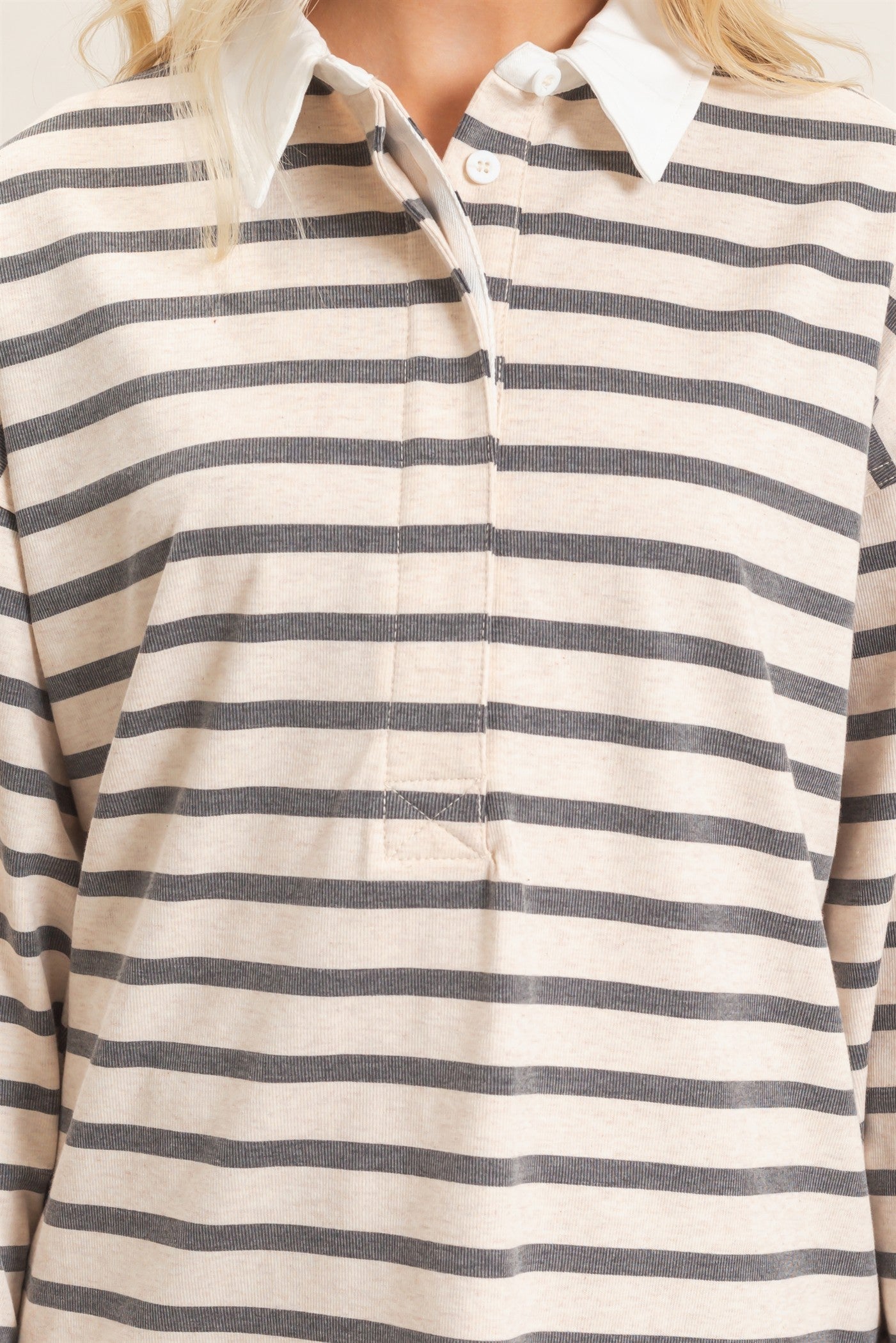 Wholesale Striped Polo Long Sleeve Top Clothing Tops HF26F078 GRAY/ECRU HYFVE