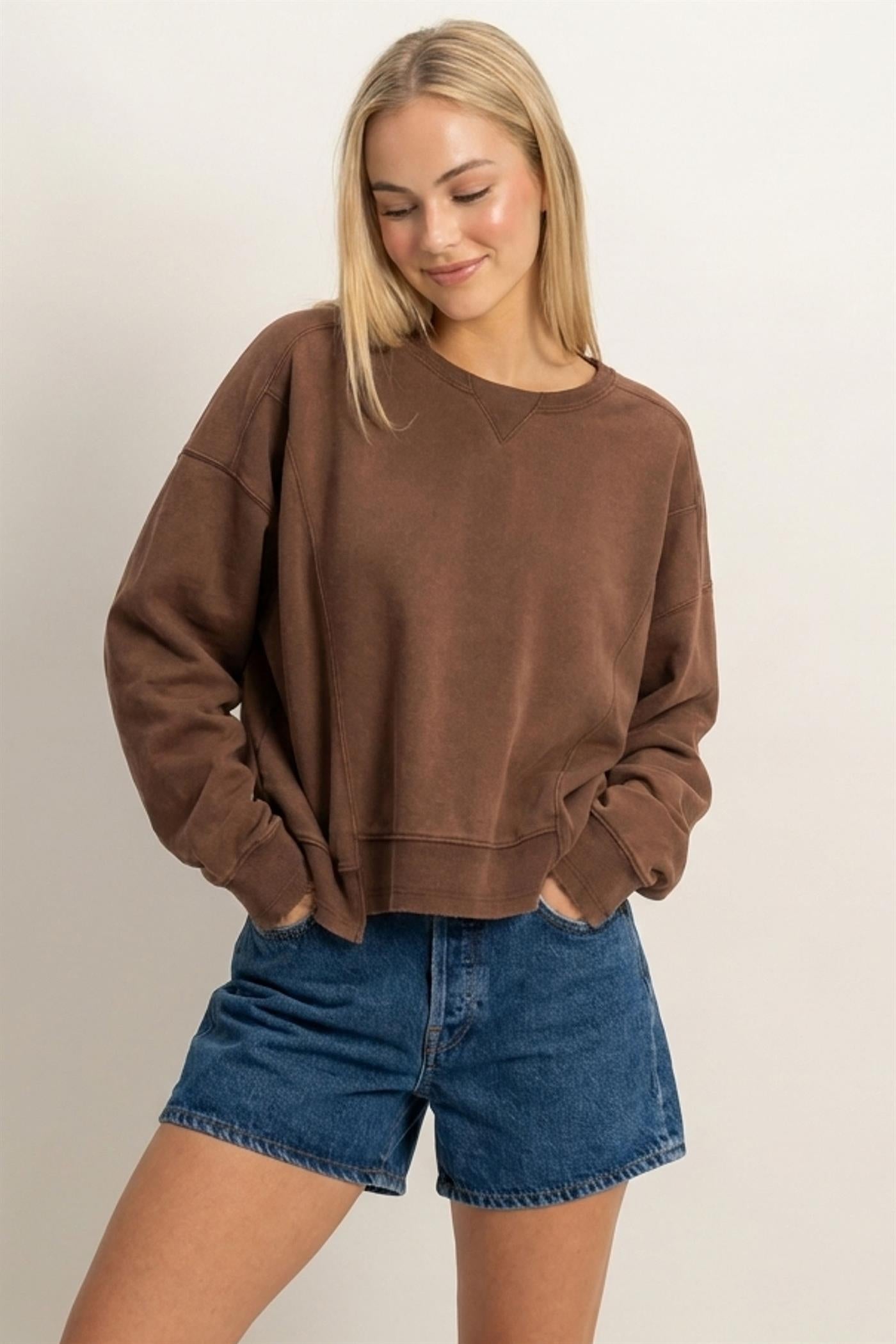 Wholesale Acid Wash Seam Detail Crew Neck Sweatshirt Sweatshirts DZ26E260 DARK BROWN DOUBLE ZERO