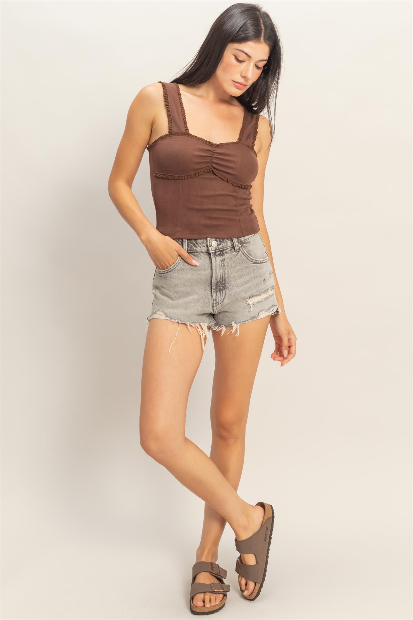 Wholesale Pointelle Shirred Trim Tank Top Clothing Tops DZ26A812 CHOCOLATE DOUBLE ZERO