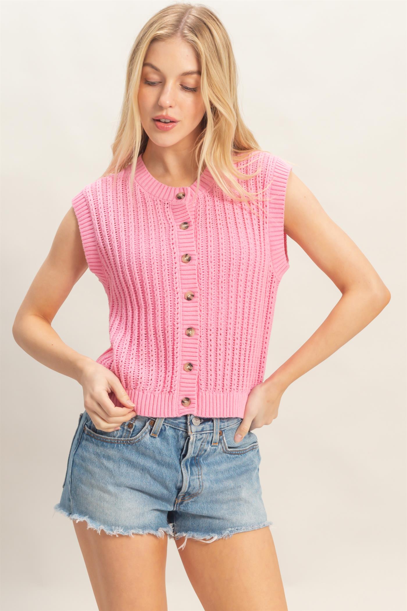 Wholesale Sleeveless Ribbed Button Top Sweaters HF26A356 PINK HYFVE
