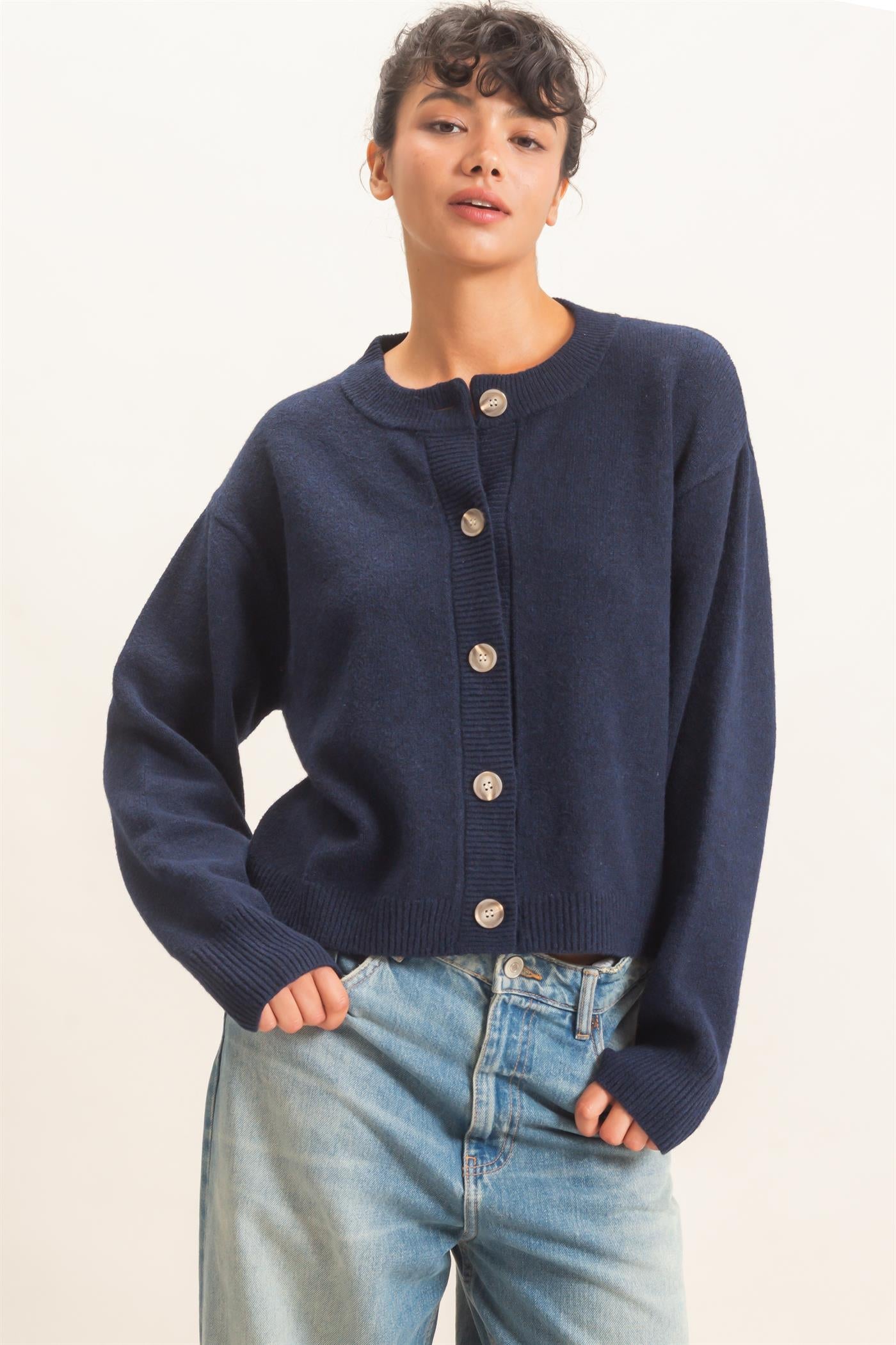 Wholesale Crew Neck Button Front Cardigan Cardigans DZ26E639 NAVY DOUBLE ZERO