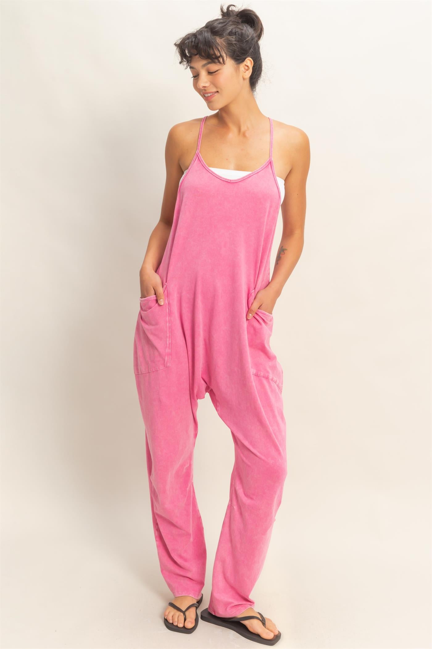 Wholesale Mineral Wash Spaghetti Strap Jumpsuit Clothing DZ26C375 FUCHSIA DOUBLE ZERO