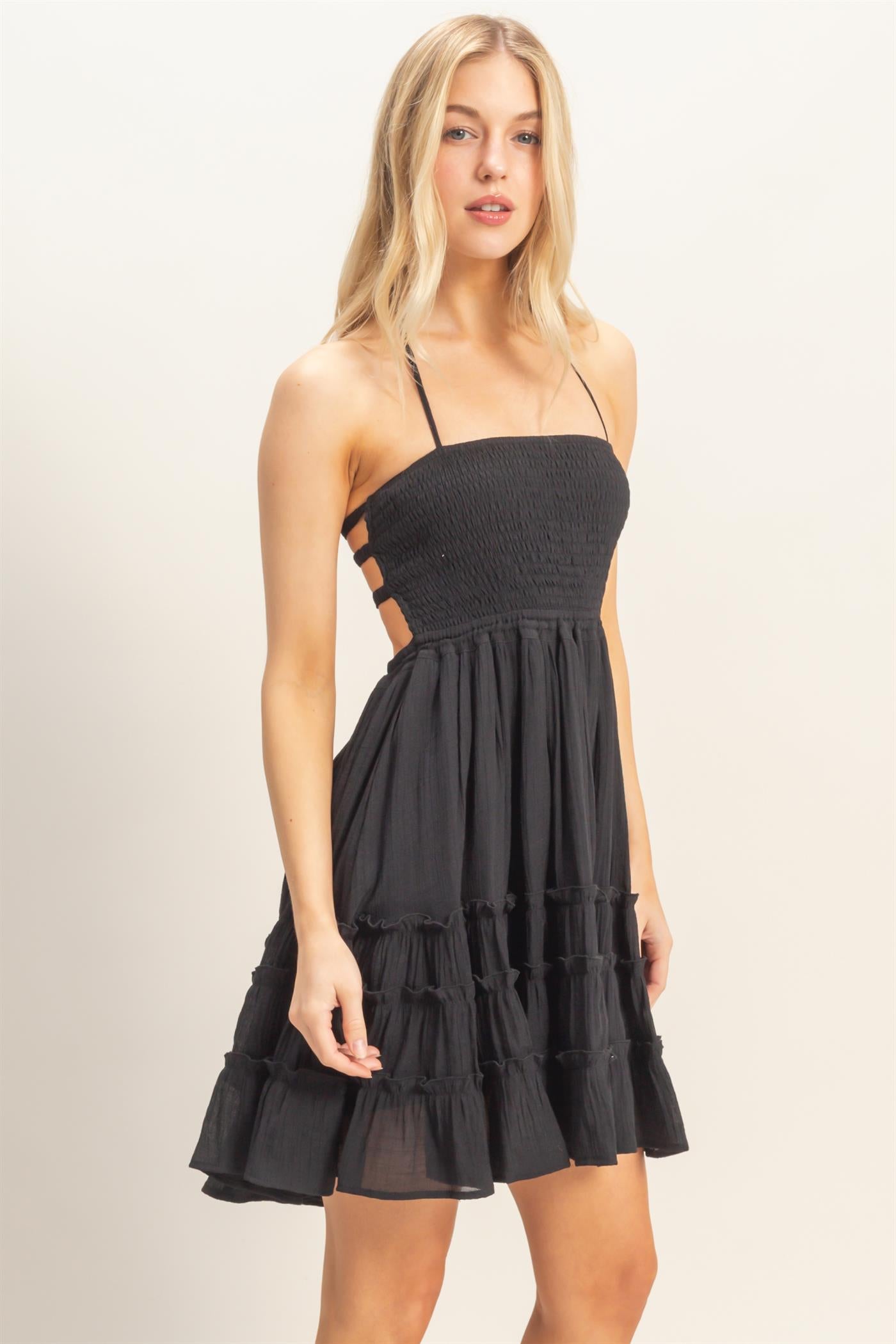 Wholesale Smocked Tiered Midi Dress Dresses HF26C299-D BLACK HYFVE