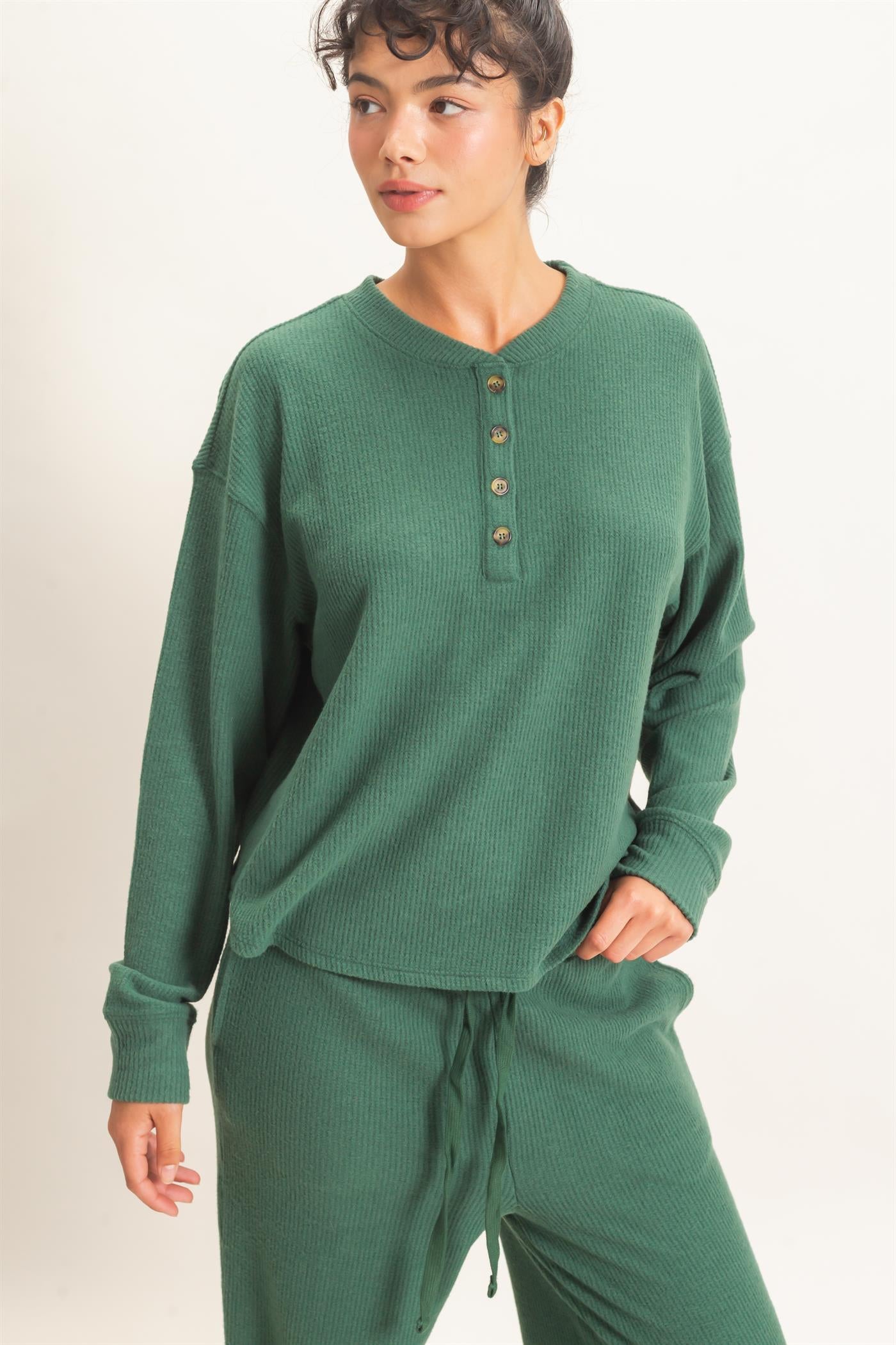 Wholesale Brushed Waffle Henley Top Clothing Tops DZ26F314 DARK GREEN DOUBLE ZERO