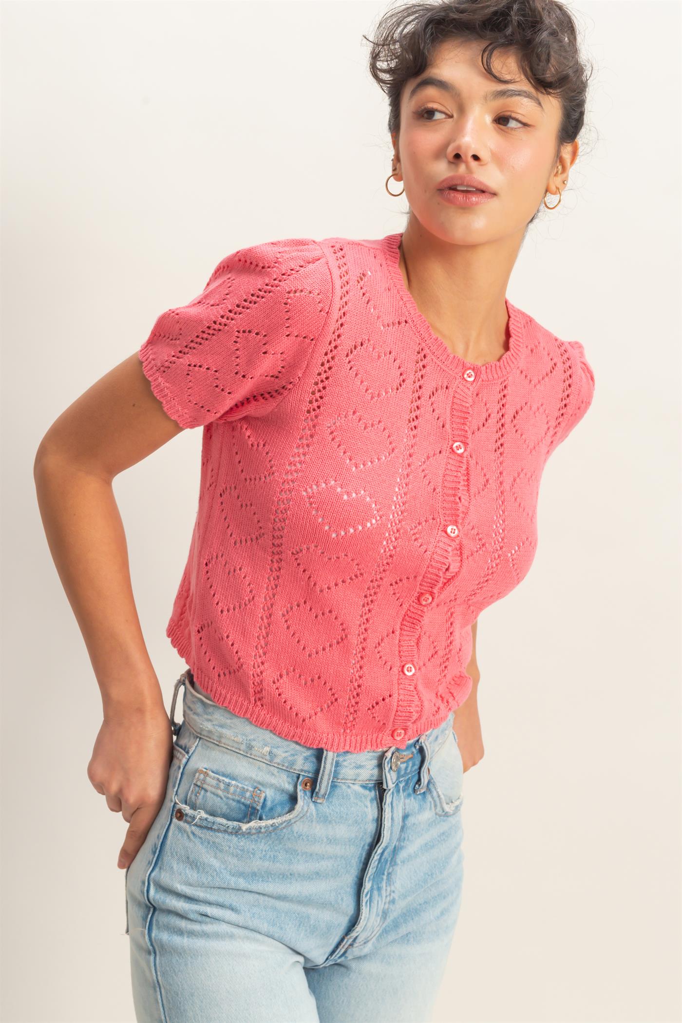 Wholesale Pointelle Knit Puff Sleeve Button Up Cardigan Cardigans DZ26A425 TAFFY PINK HYFVE