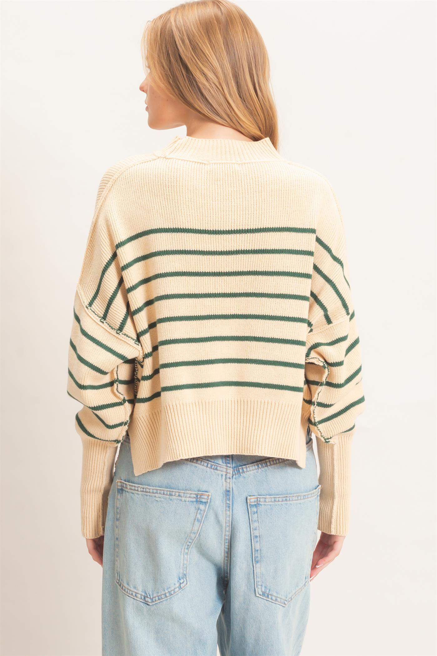 Wholesale Striped Mock Neck Cropped Sweater Sweaters HF26F192 GREEN HYFVE
