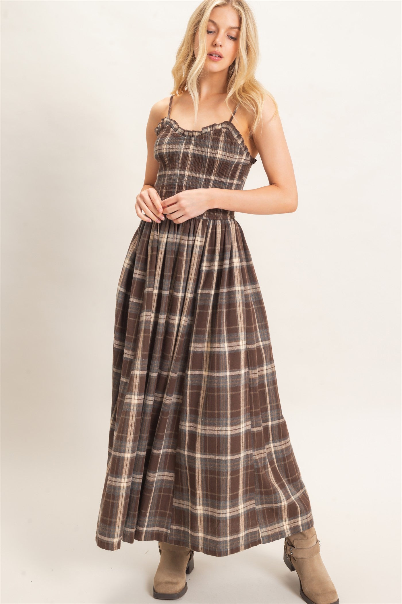 Wholesale Plaid Smocked Maxi Dress Dresses HF26C898 BROWN HYFVE