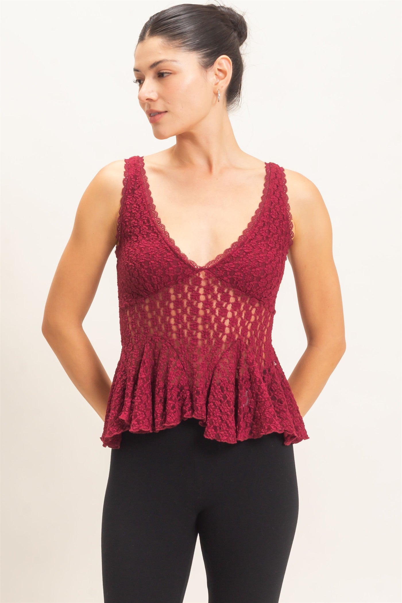 Wholesale Lace V-Neck Peplum Top Clothing Tops HF26E088 BURGUNDY HYFVE
