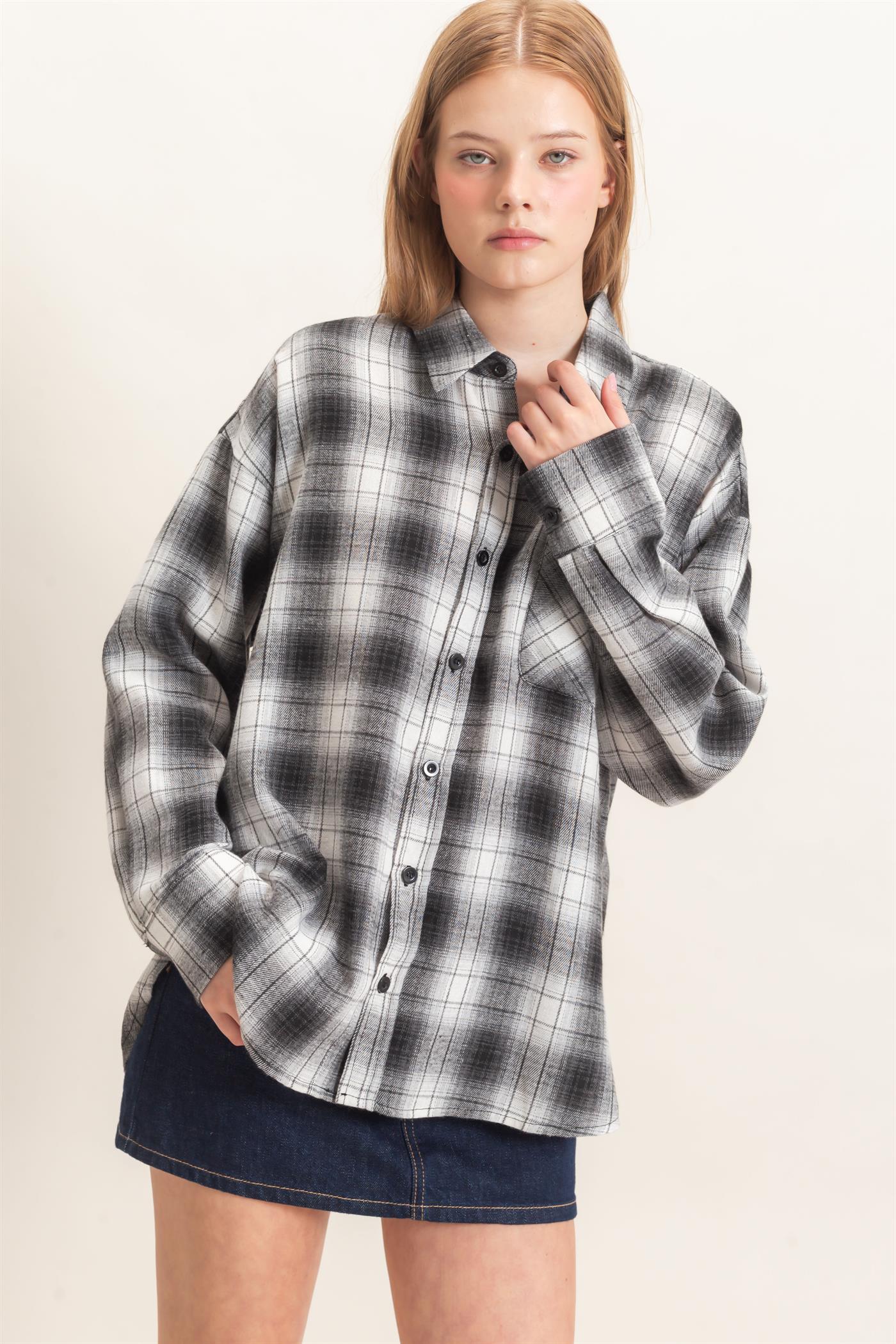 Wholesale Plaid Button-Up Shirt Clothing Tops HF26F017 BLACK HYFVE