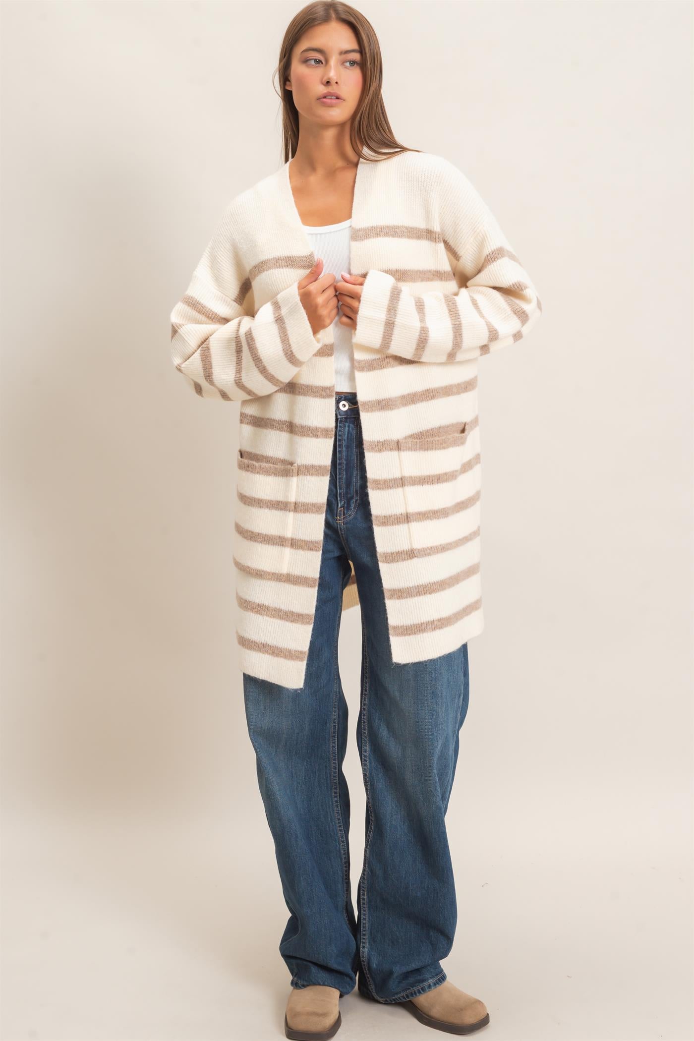 Wholesale Open Front Stripe Cardigan Cardigans DZ26C342 SAND DOUBLE ZERO