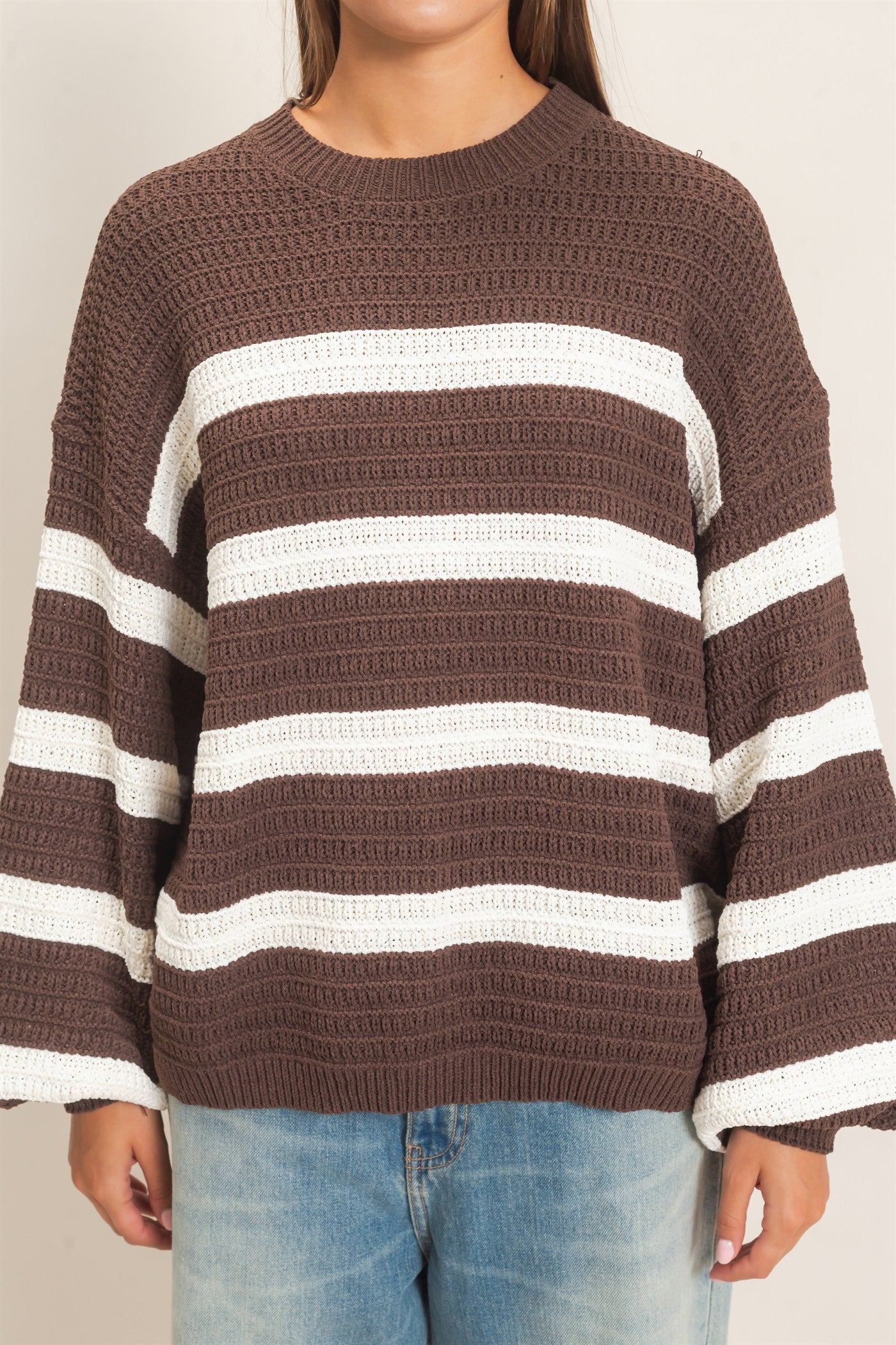 Wholesale Striped Oversized Sweater Sweaters DZ27A192 DARK BROWN DOUBLE ZERO