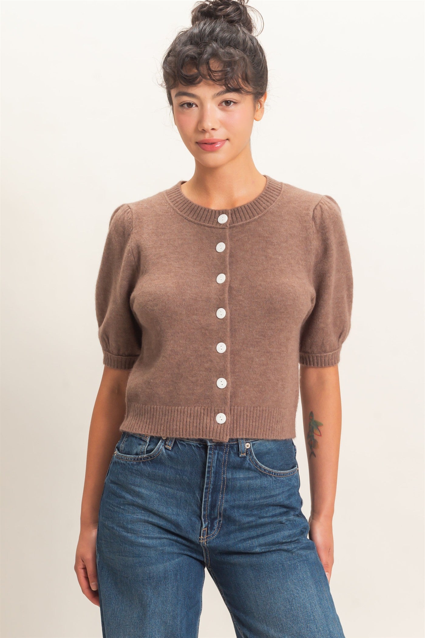 Wholesale Button Front Puff Short Sleeve Cardigan Cardigans DZ26C960 ASH BROWN DOUBLE ZERO
