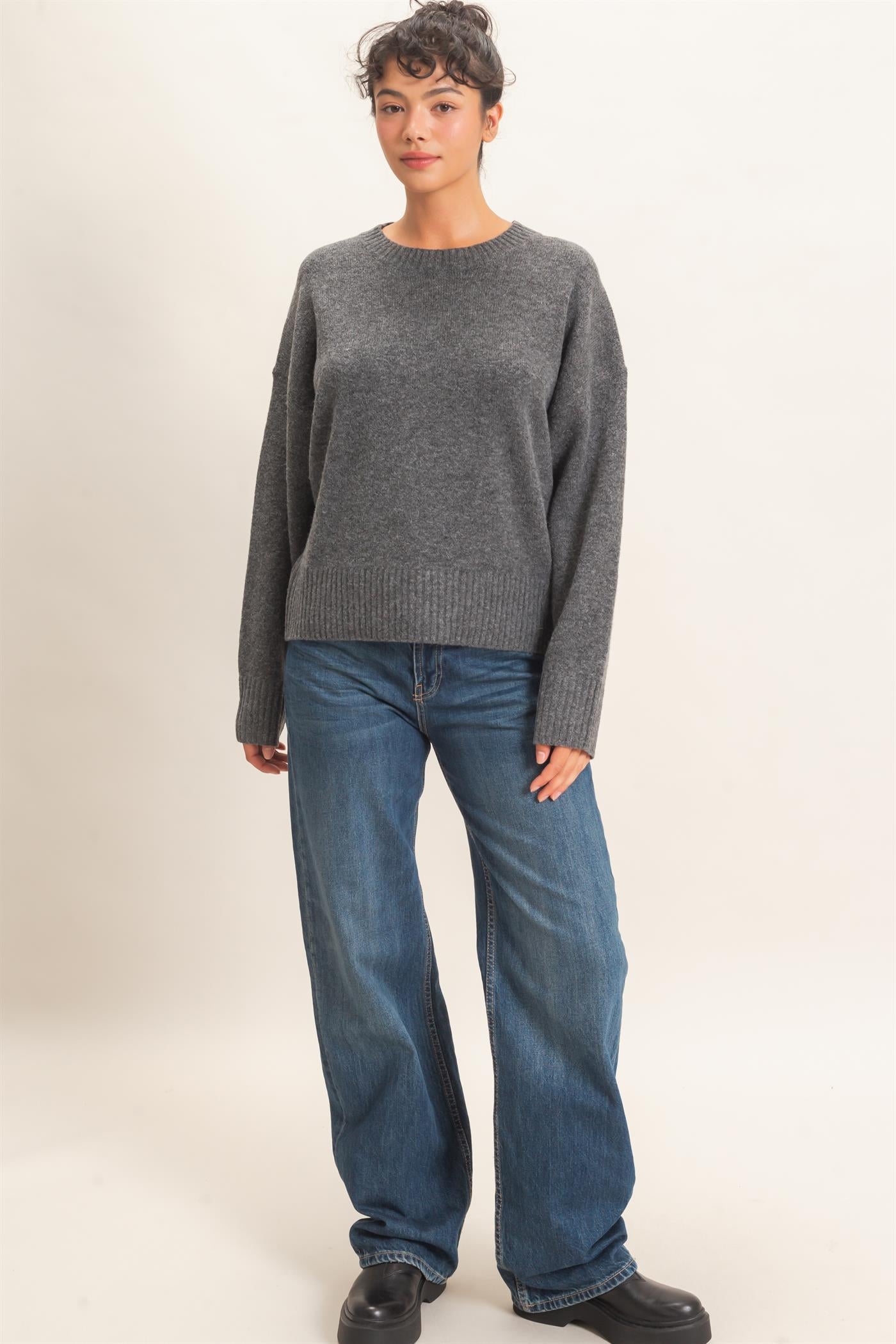 Wholesale Relaxed Fit Crew Neck Sweater Sweaters DZ26E956 CHARCOAL DOUBLE ZERO