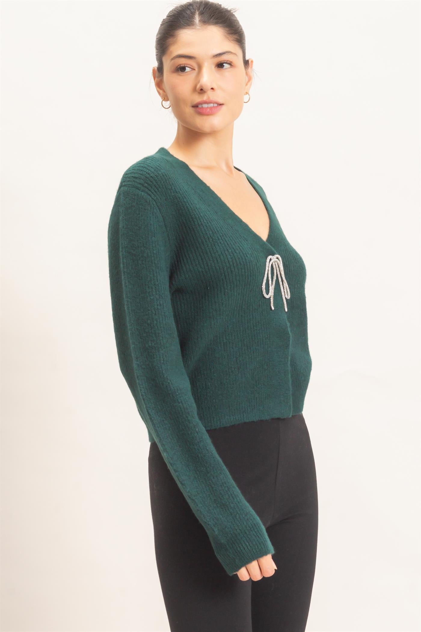 Wholesale Rhinestone Bow Tie-Front Sweater Cardigans HF26F183-D D.GREEN HYFVE
