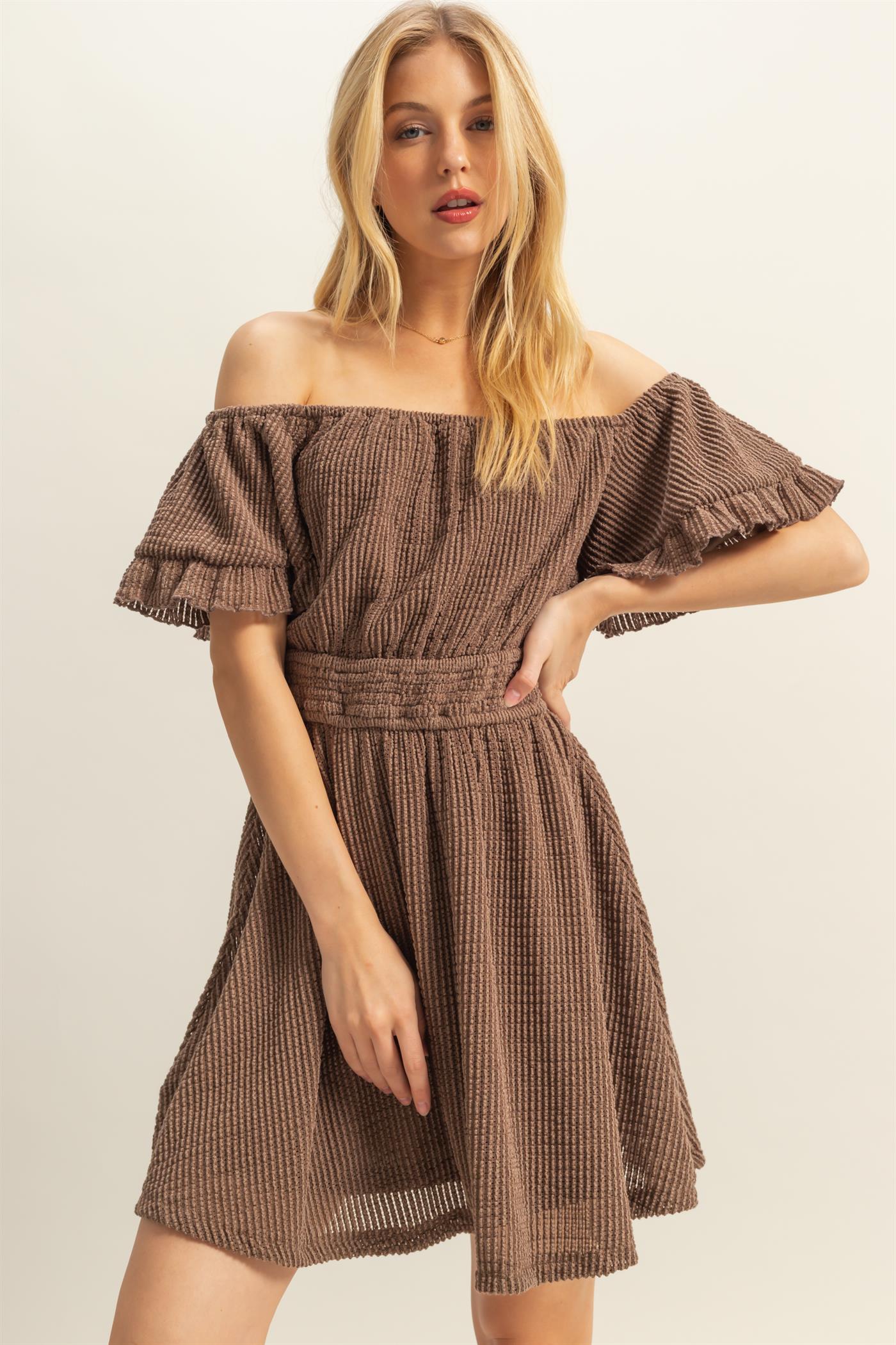 Wholesale Crochet Off-The-Shoulder Mini Dress Dresses HF25E125 BROWN HYFVE
