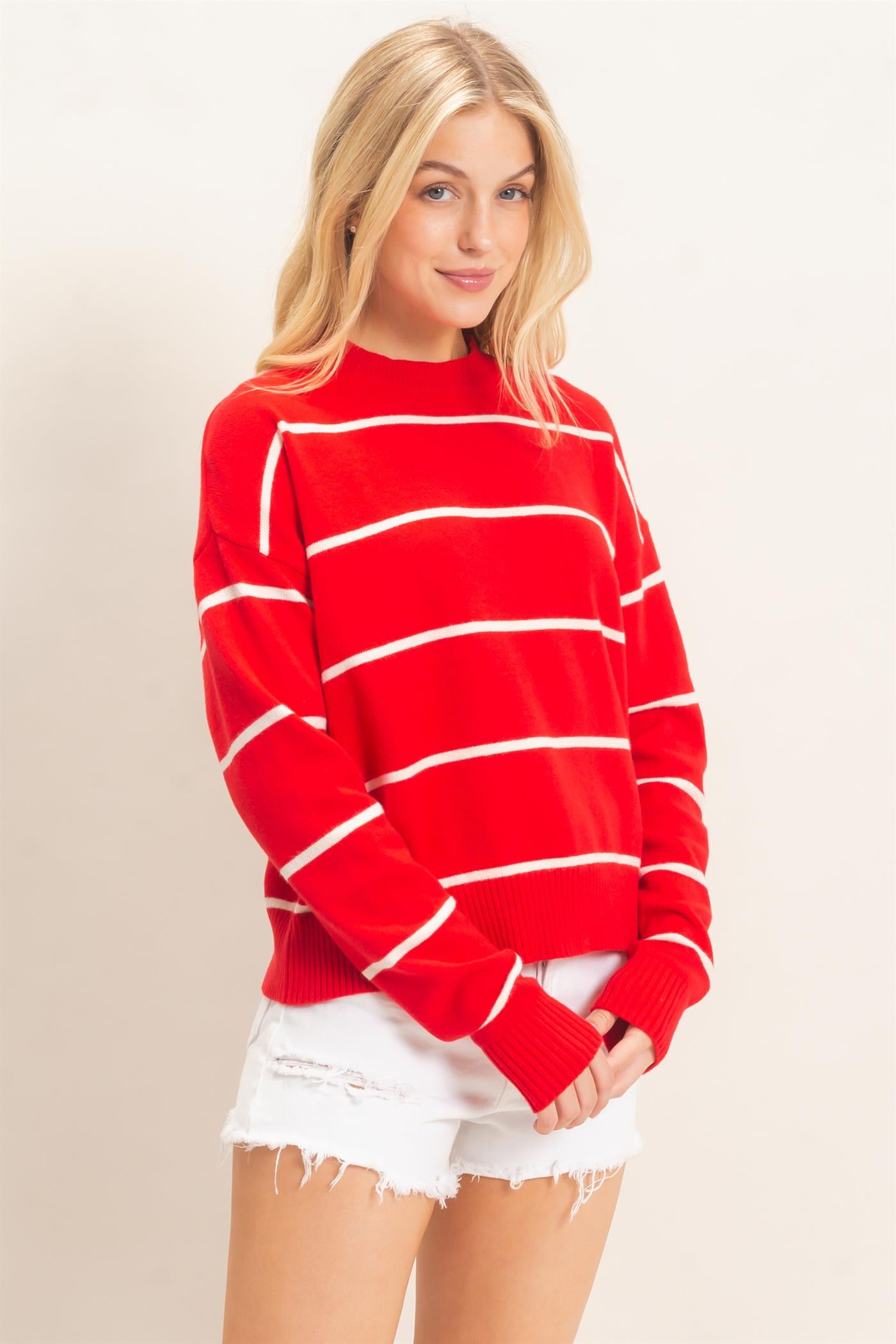 Wholesale Striped Ribbed Crew Neck Sweater Sweaters HF26F169 RED HYFVE