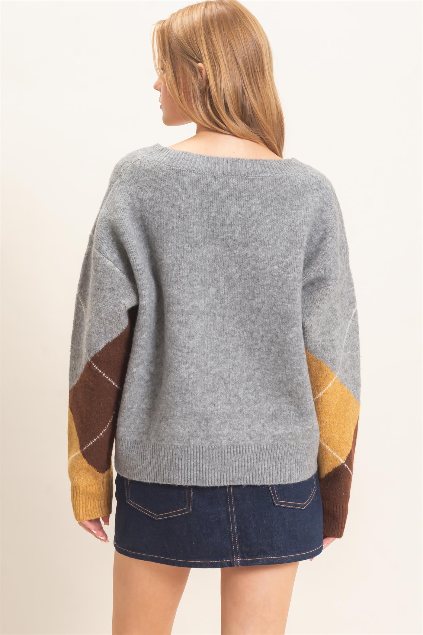 Wholesale Argyle Pattern V-Neck Sweater Sweaters HF26E475 HEATHER GRAY HYFVE