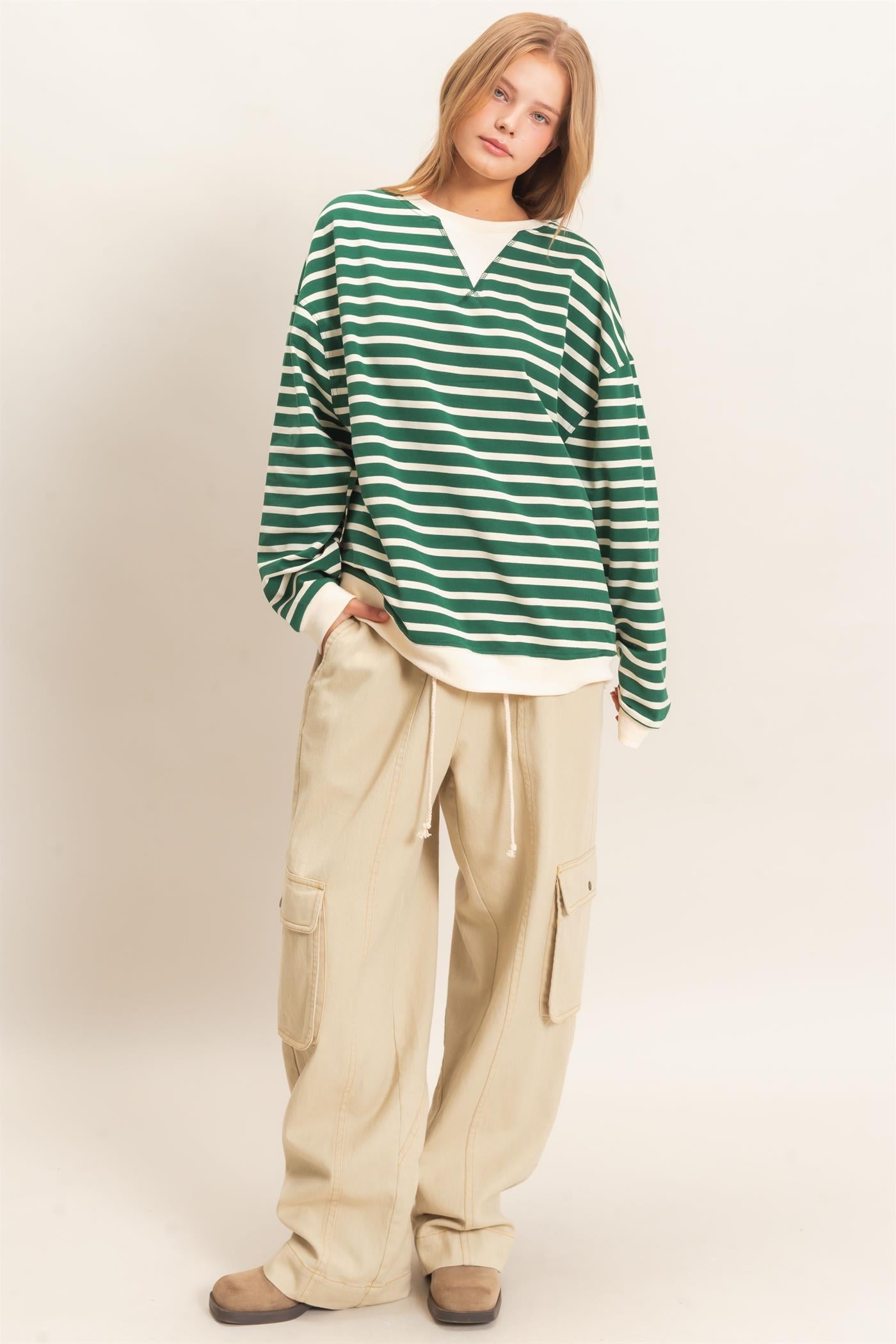 Wholesale Striped Long Sleeve Pullover Sweatshirts HF26F077 GREEN/CREAM HYFVE