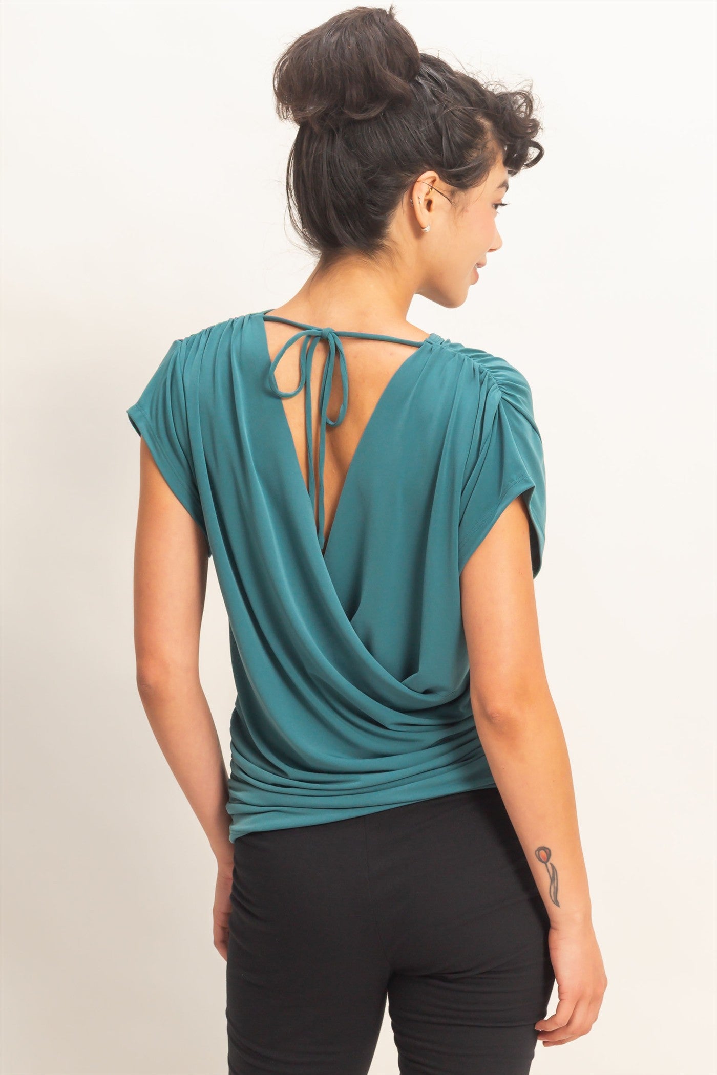 Wholesale Cowl Back Draped Cap Sleeve Top Clothing Tops DZ26C025 DARK TEAL DOUBLE ZERO