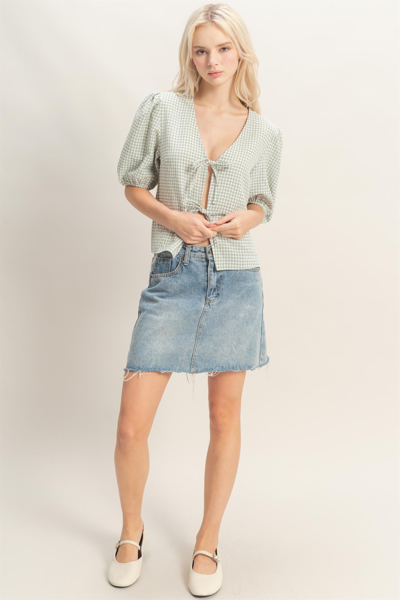 Wholesale Gingham Bow Tie Puff Sleeve Blouse Blouses DZ26C229 SAGE GREEN DOUBLE ZERO