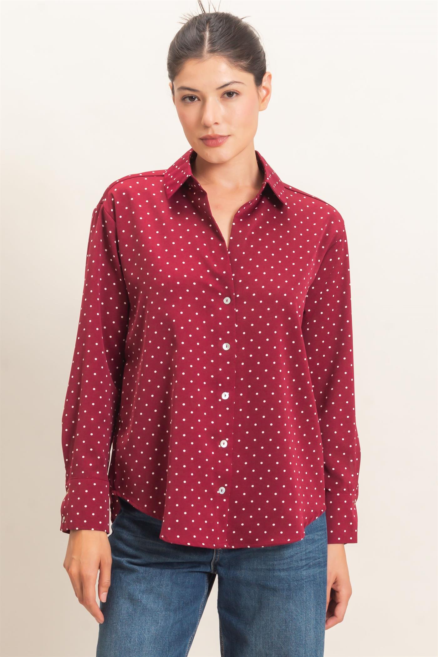 Wholesale Button-Up Polka Dot Shirt Shirts HF26F401 BURGUNDY HYFVE