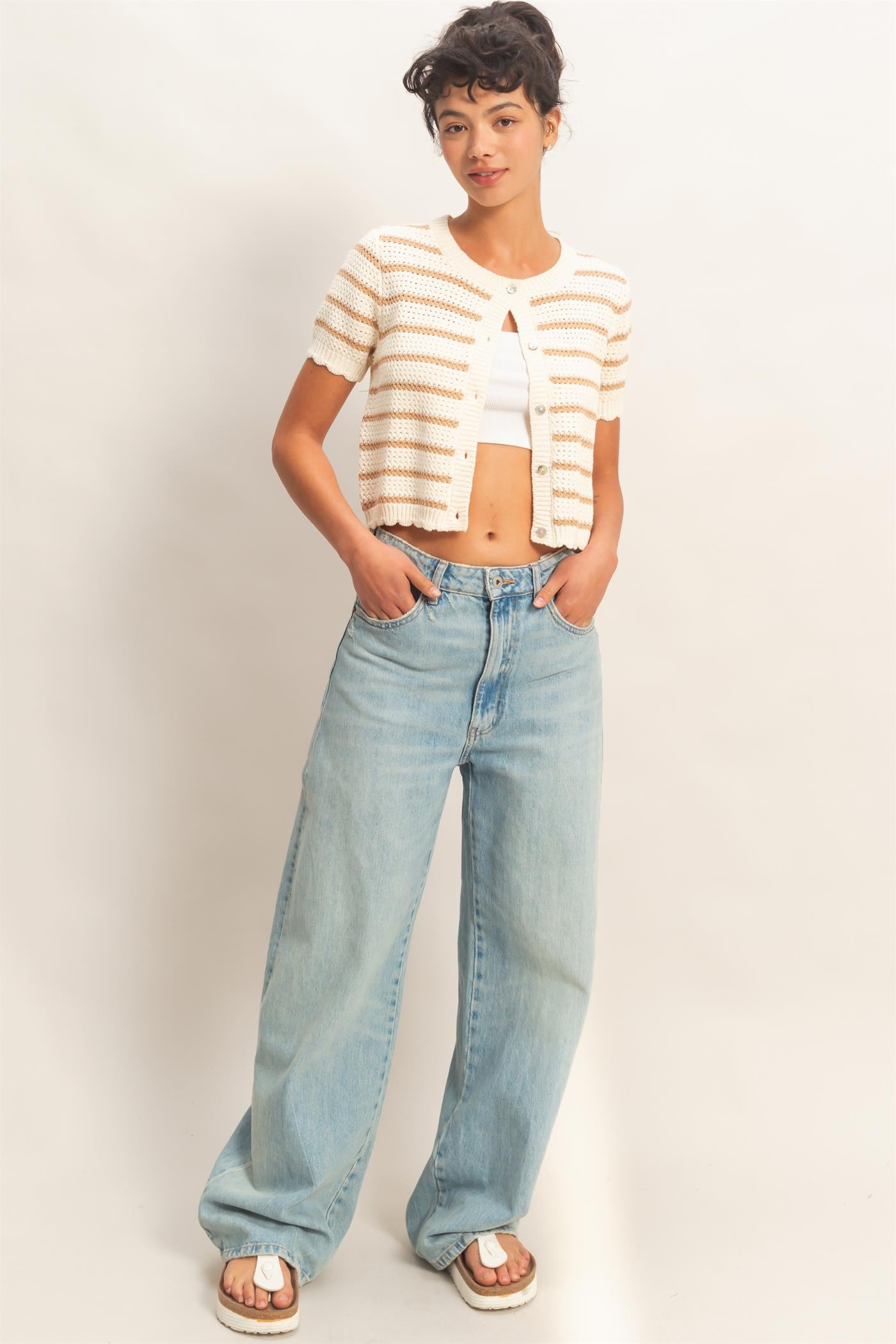 Wholesale Striped Short Sleeve Cardigan With Scallop Edge Cardigans DZ26A605 TAUPE DOUBLE ZERO