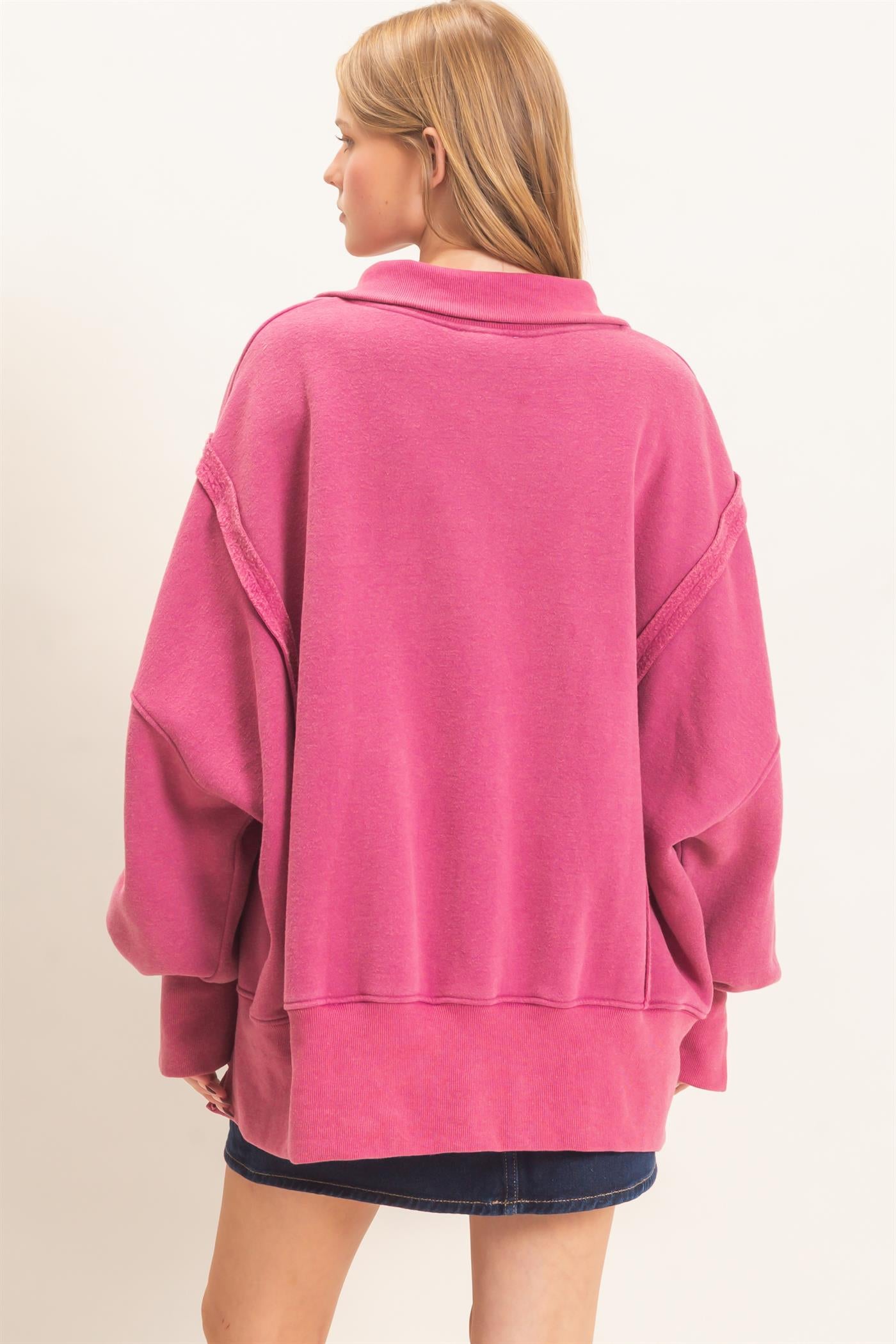 Wholesale Mineral Wash Snap Collar Pullover Clothing Tops HF26F086-D PURPLE HYFVE