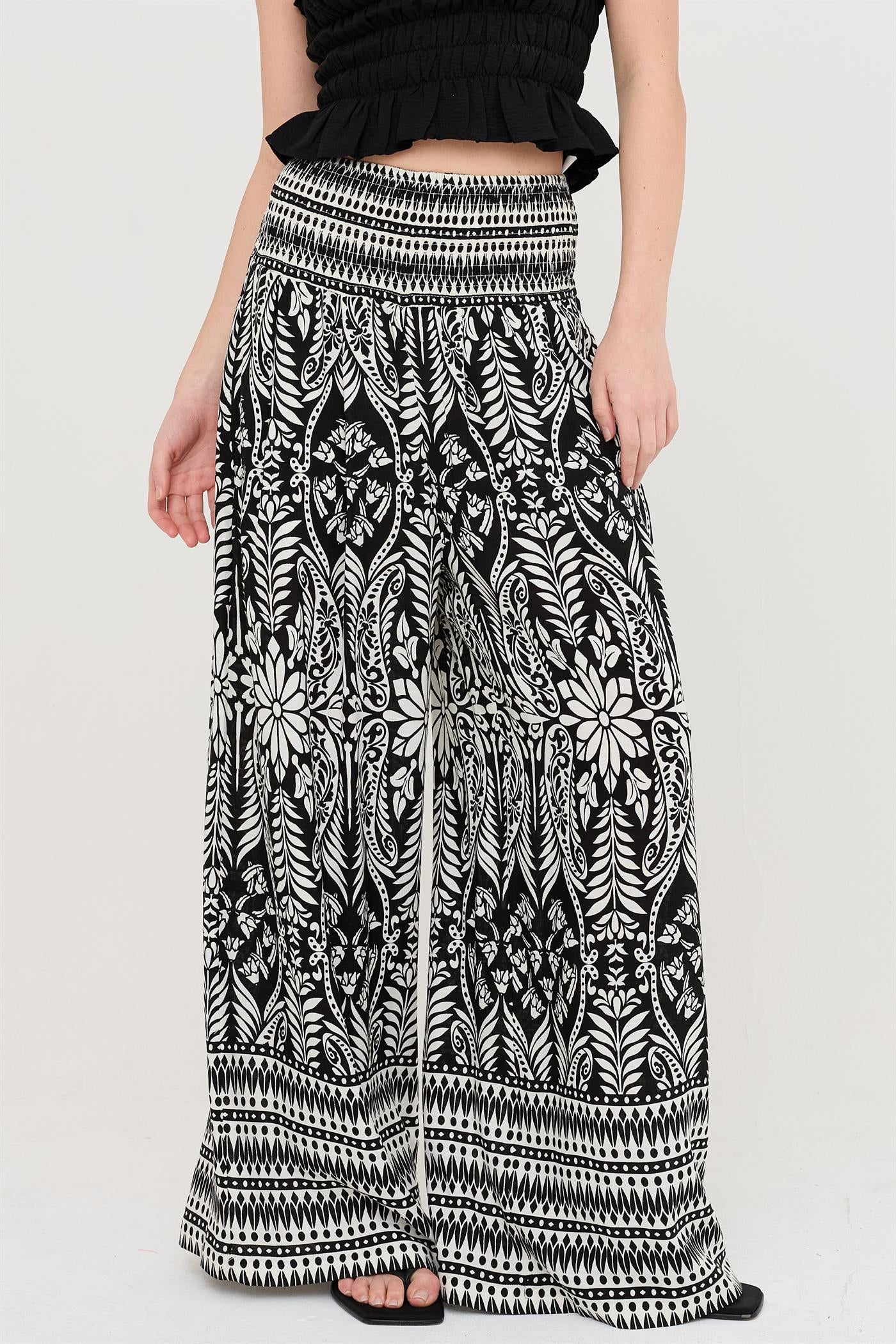 Wholesale Smocked Waist Floral Pants Pants HF26C161-D BLACK HYFVE