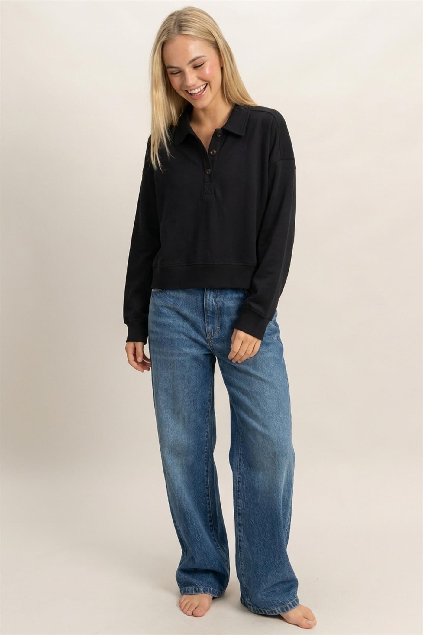 Wholesale Washed Button-Front Collared Sweatshirt Sweatshirts DZ26E390 BLACK DOUBLE ZERO