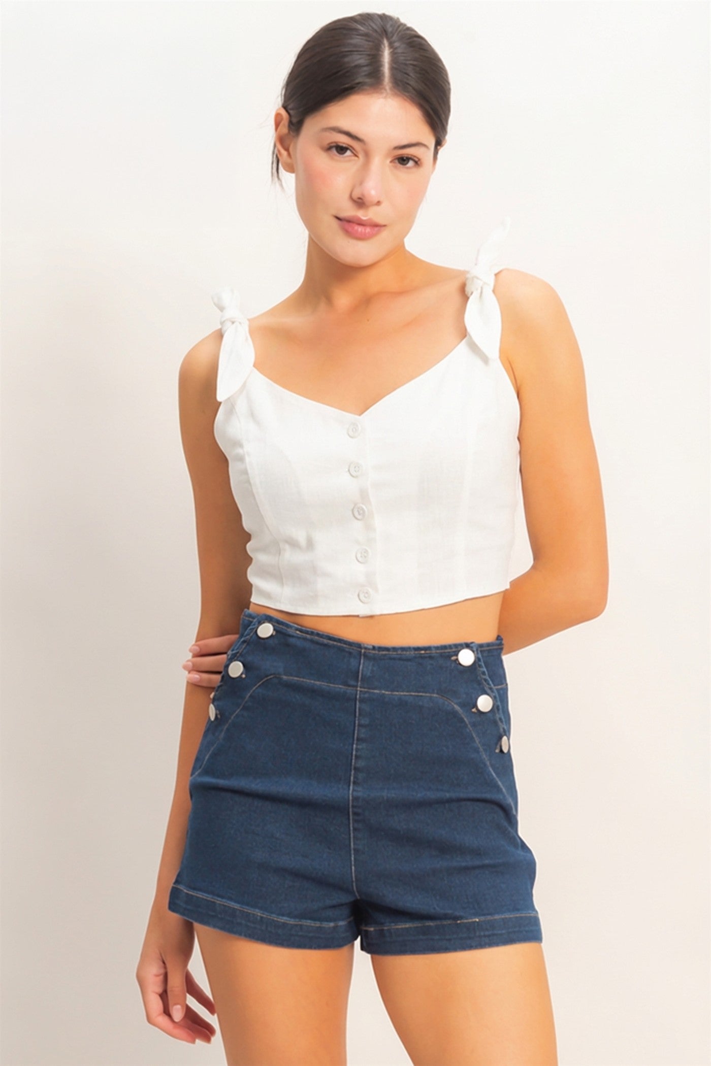 Wholesale Button-Up Tie Strap Crop Top Clothing Tops HF26A445 OFF WHITE HYFVE