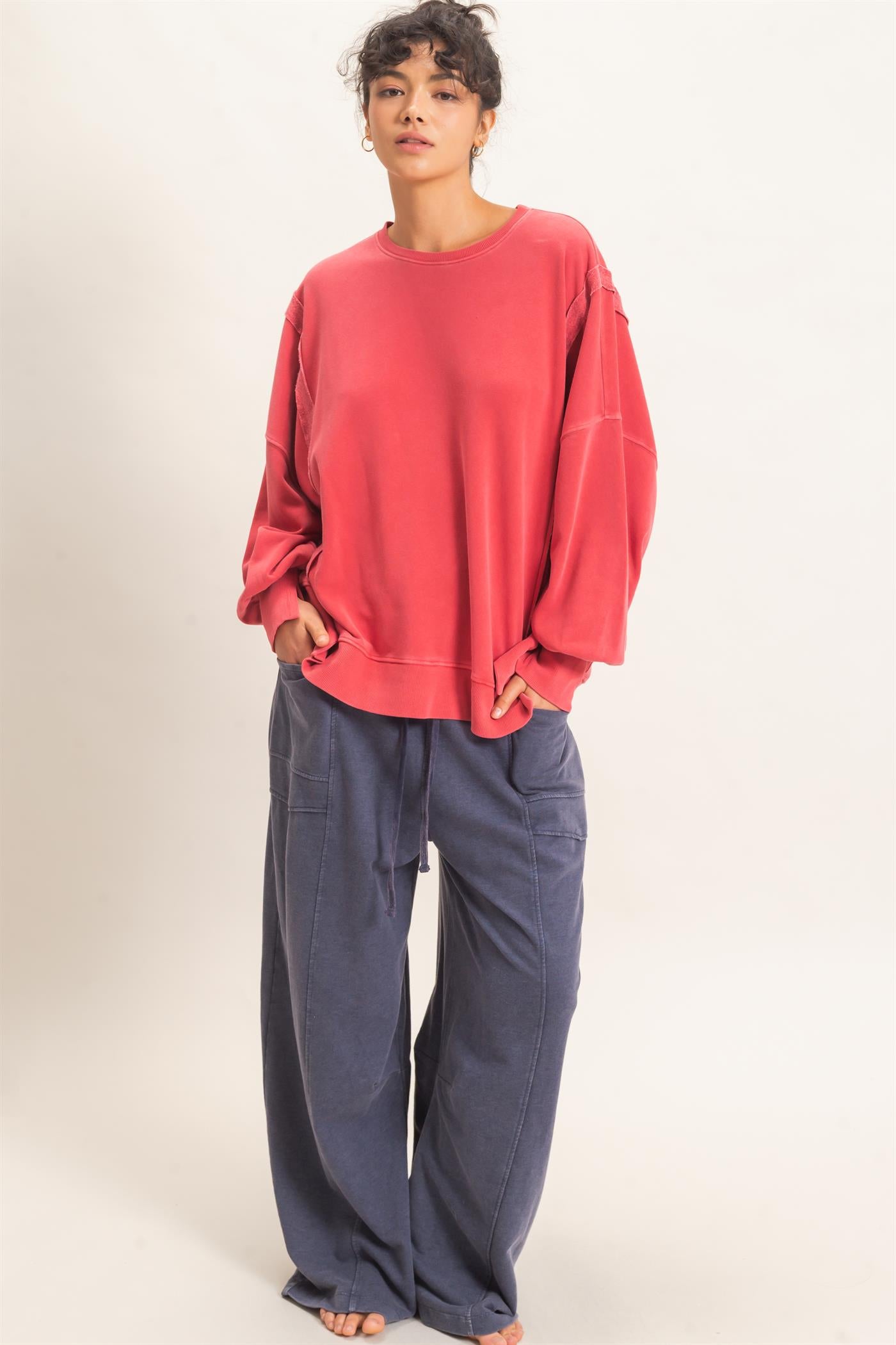 Wholesale Pigment  Dye Oversized Raw Edge Sweatshirt Sweatshirts DZ26C737 DARK RED DOUBLE ZERO