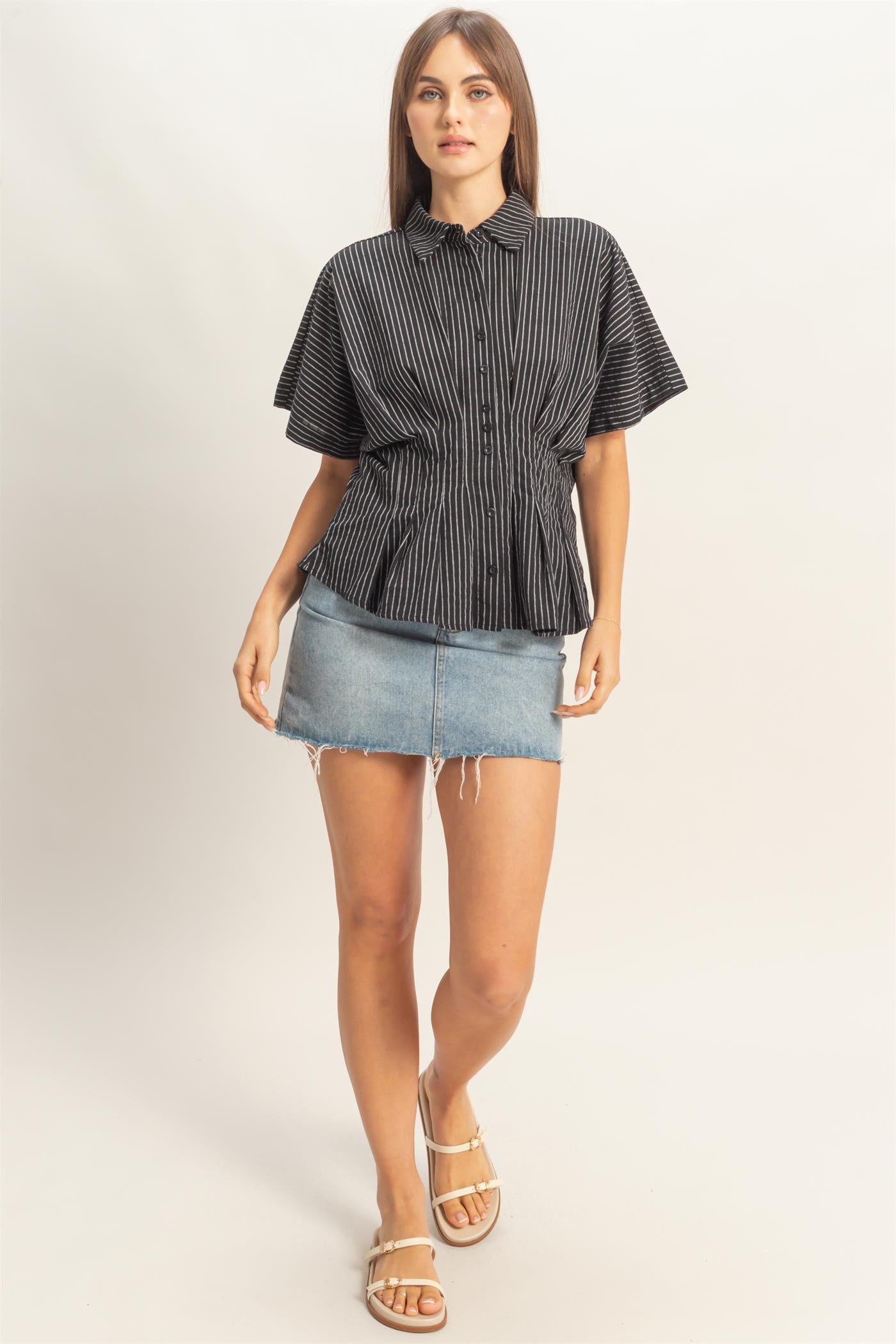 Wholesale Pleated Button-Up Shirt Shirts HF26A092 BLACK DOUBLE ZERO