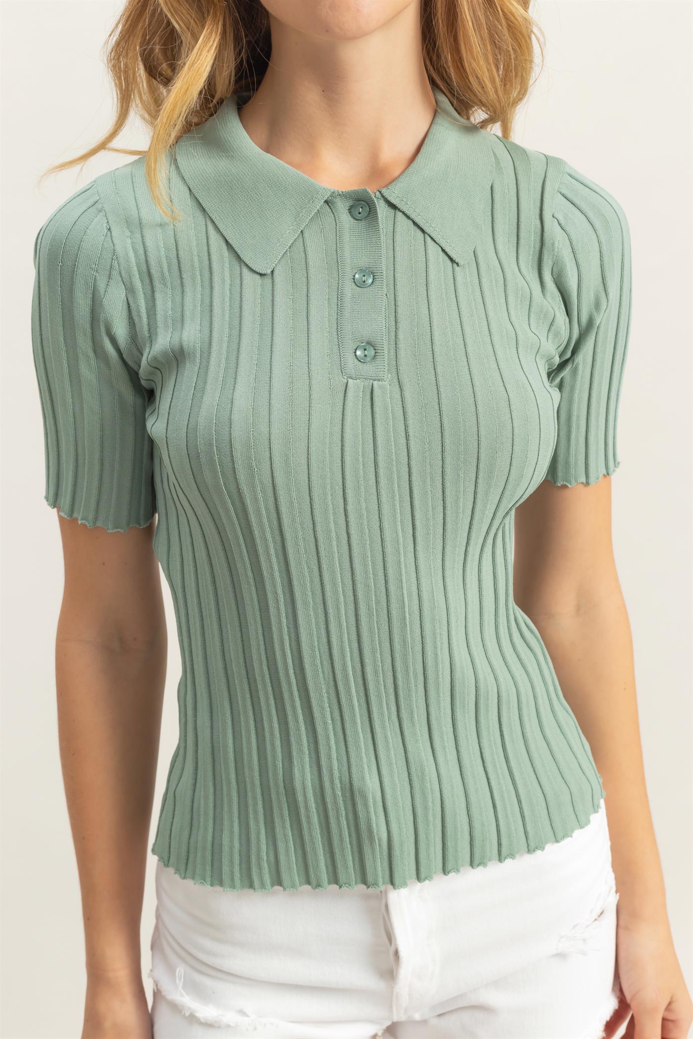 Wholesale Rib Knitted Short Sleeve Polo Top Clothing Tops DZ25C246 SAGE GREEN DOUBLE ZERO