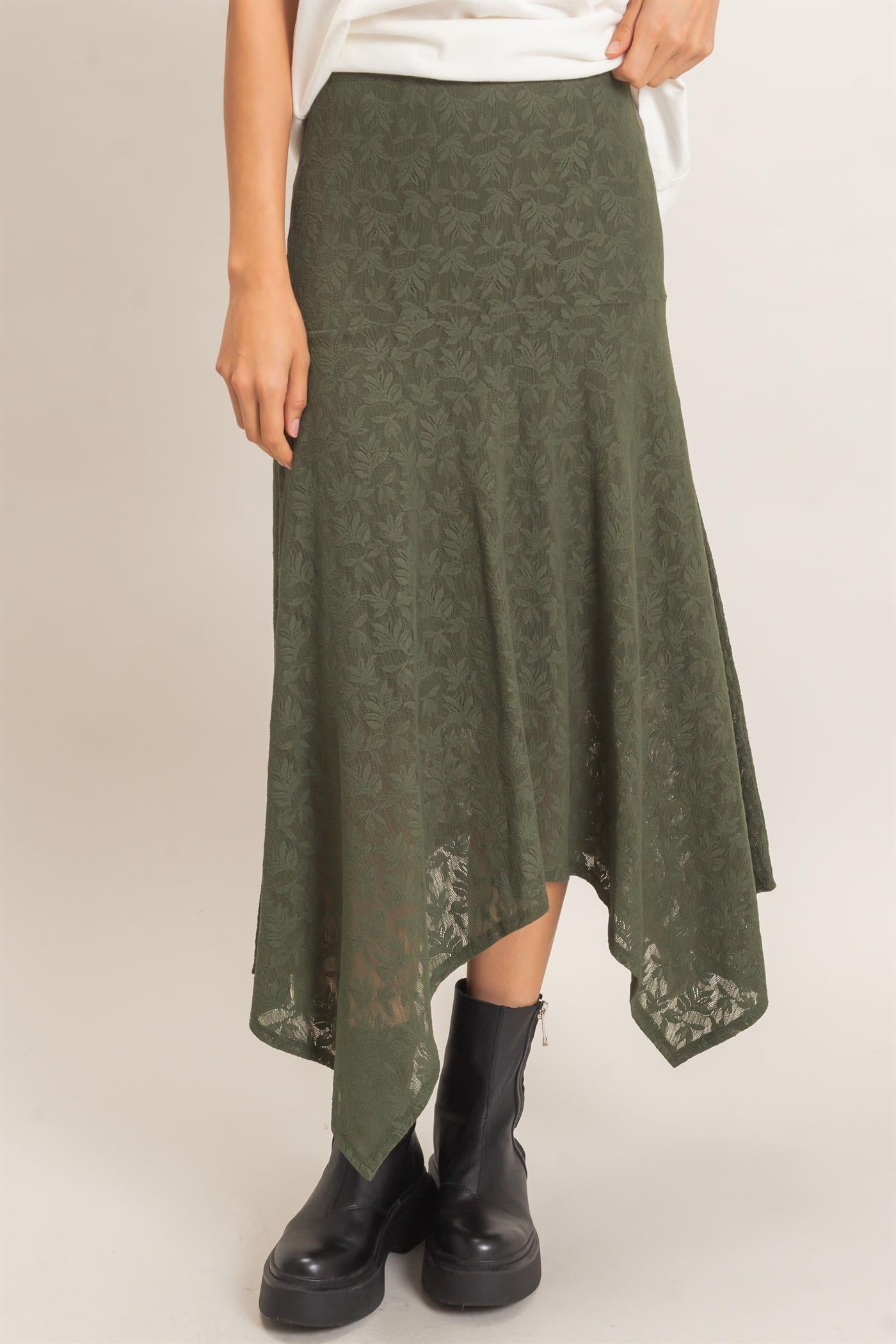 Wholesale Floral Lace Hanky Hem Skirt Skirts HF26E371 HUNTER GREEN HYFVE