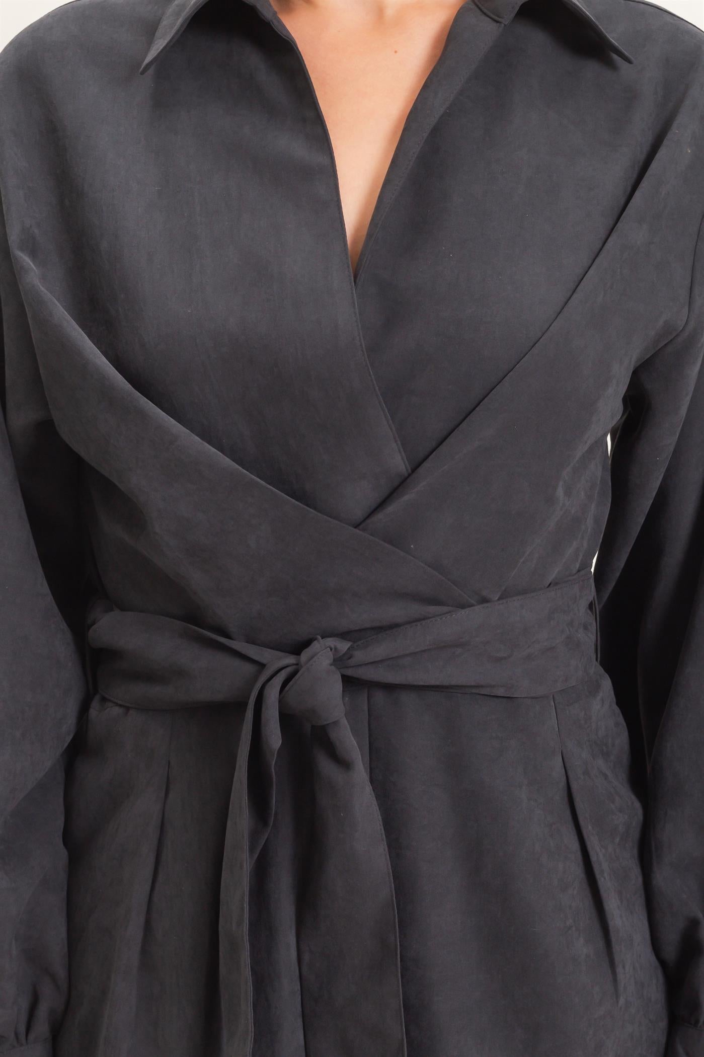 Wholesale Collared Wrap Suede Jumpsuit Clothing HF26C905 BLACK HYFVE