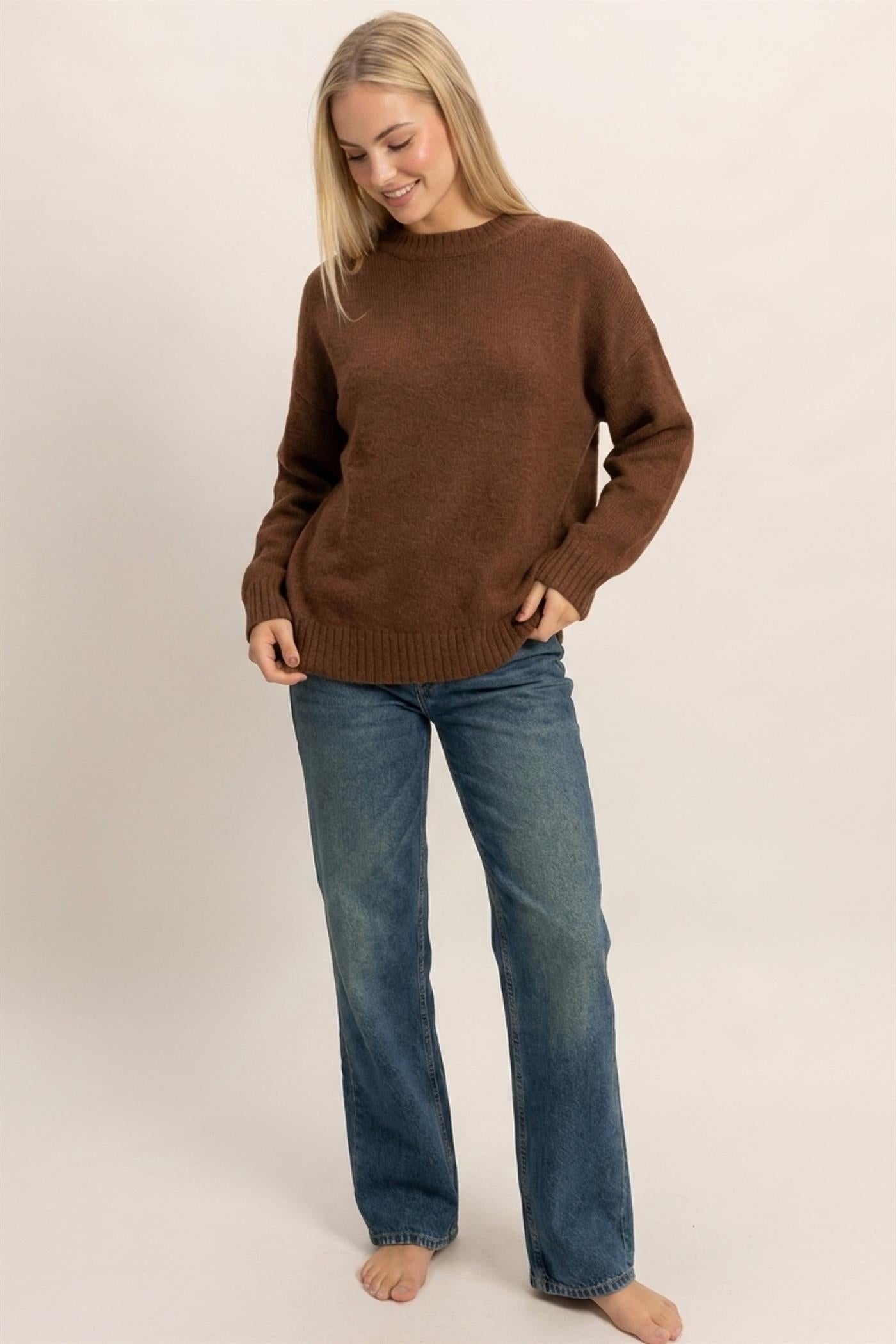 Wholesale Ribbed Crew Neck Sweater Sweaters HF26F179-D BROWN HYFVE