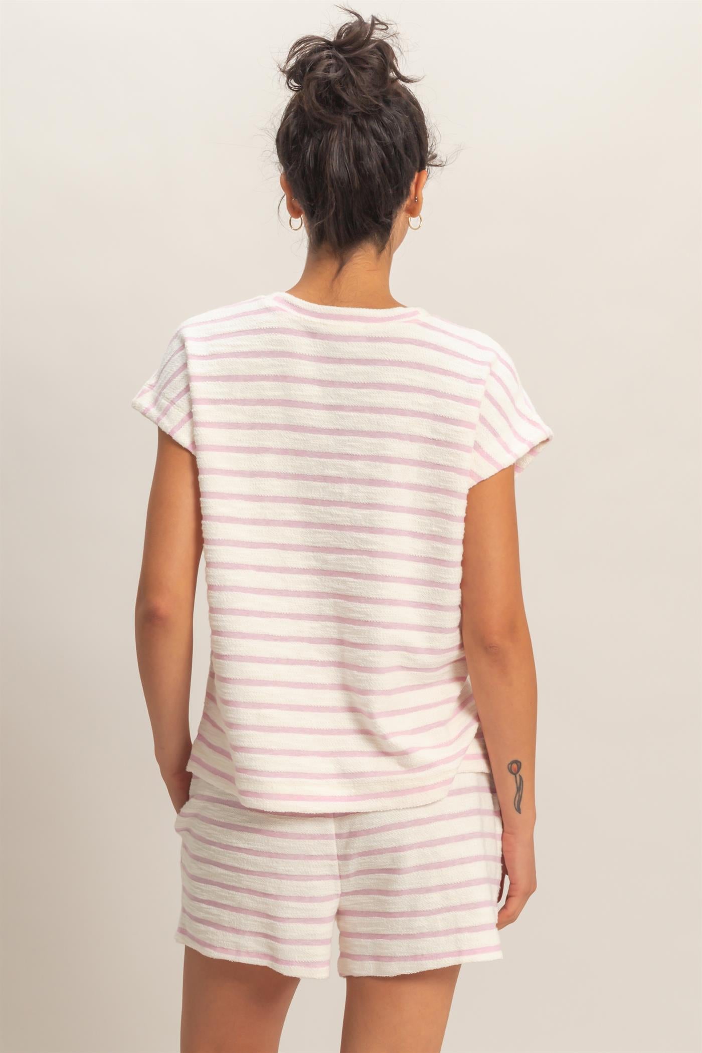Wholesale Striped Round Neck Short Sleeve Top Clothing Tops DZ26A754 PINK DOUBLE ZERO