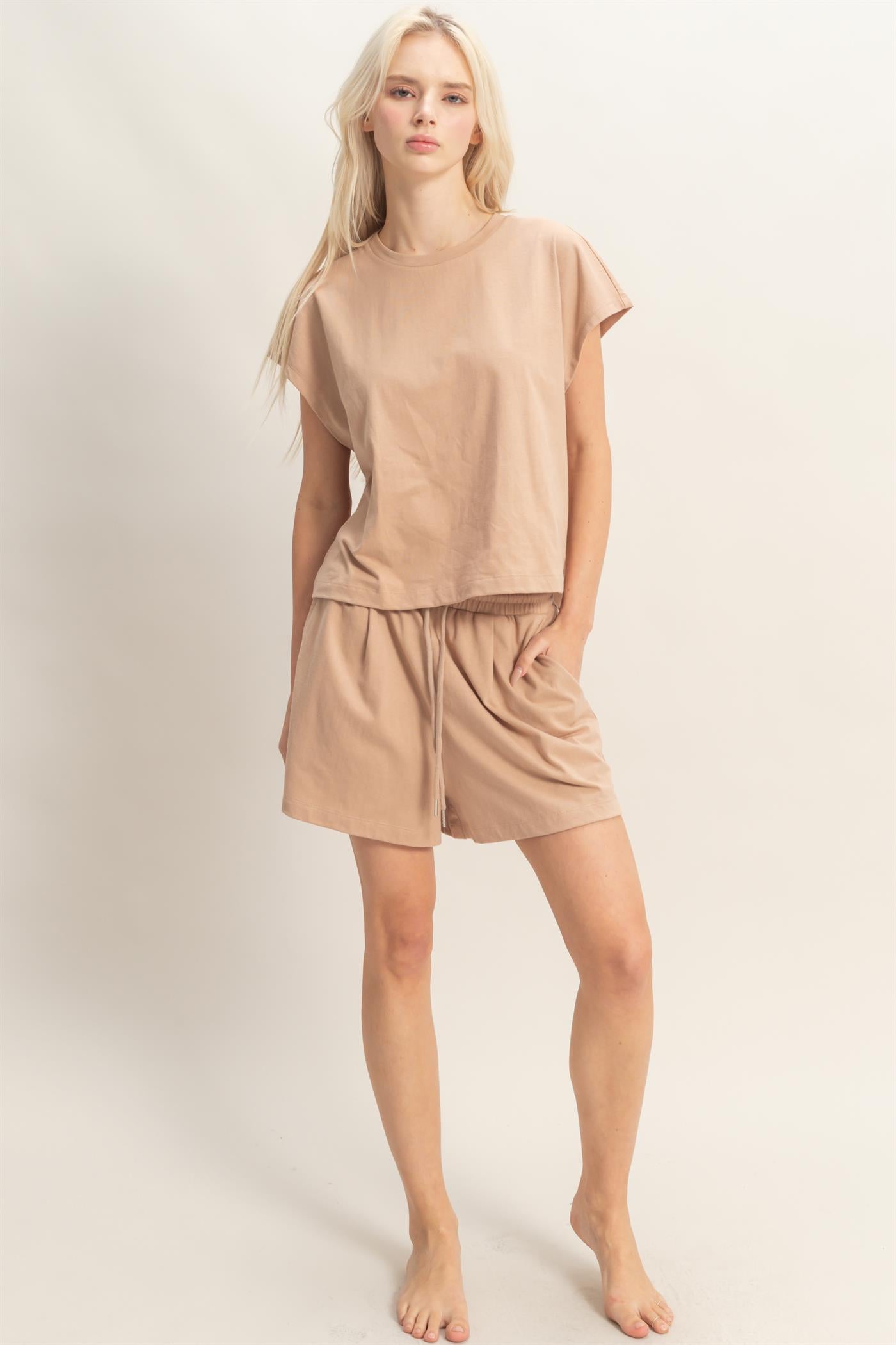 Wholesale Cap Sleeve Boxy Top And Shorts Set Clothing DZ26C543-SET DARK TAUPE DOUBLE ZERO