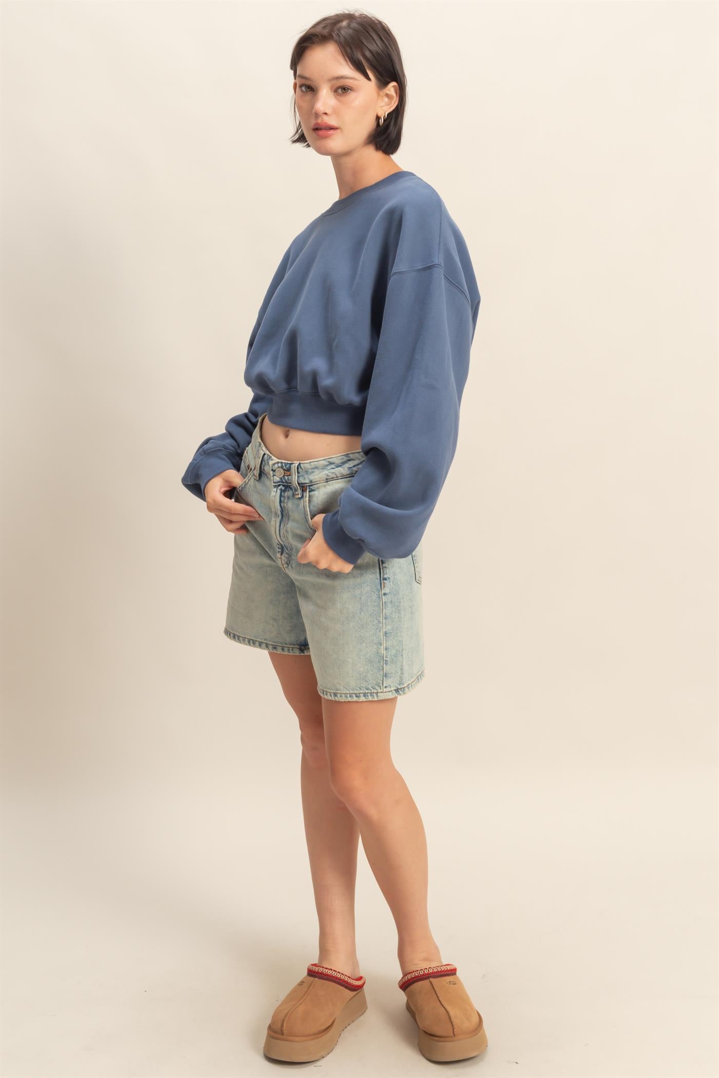 Wholesale Everyday Long Sleeve Cropped Sweatshirt Sweatshirts DZ25E415 DUSTY NAVY DOUBLE ZERO