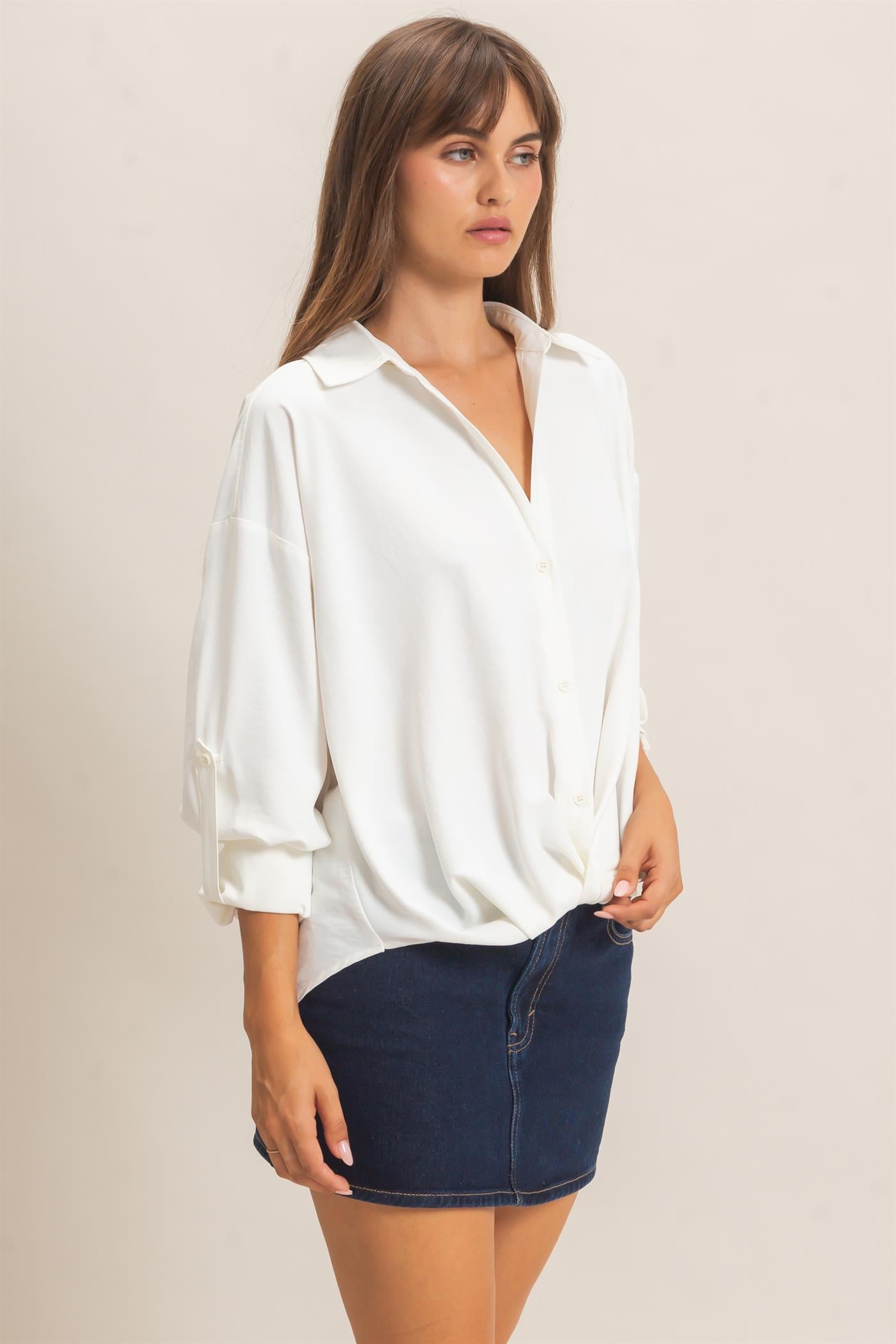 Wholesale Button-Up Dolman Sleeve Top Shirts HF26F070 OFF WHITE HYFVE
