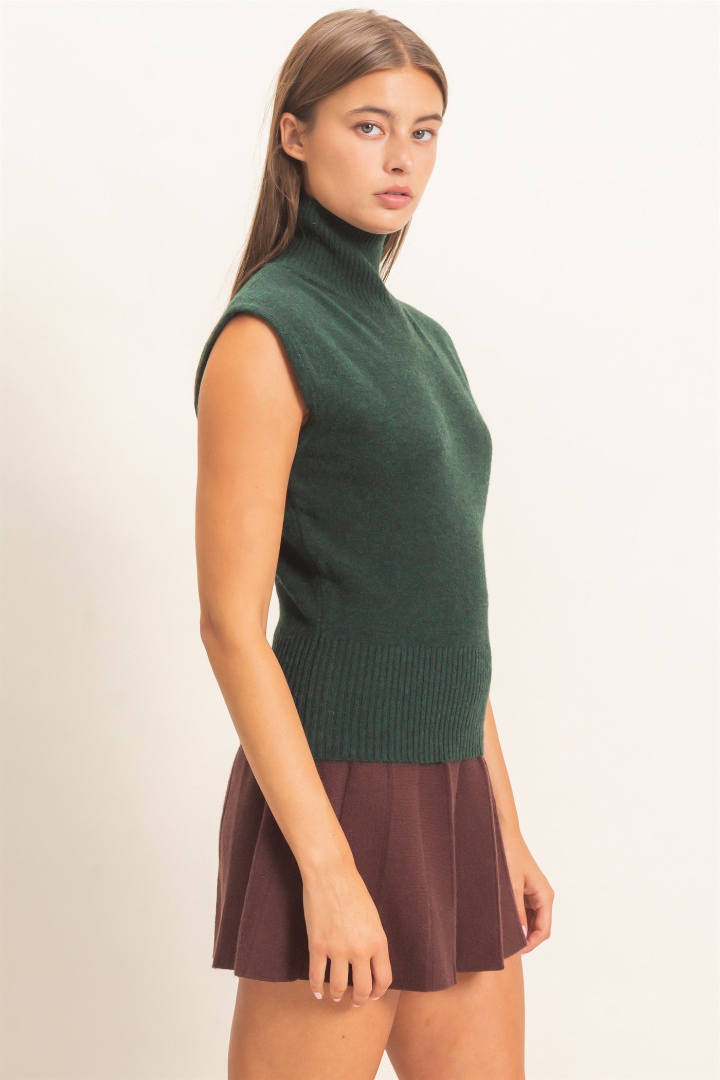 Wholesale Sleeveless High Neck Knit Top Clothing Tops DZ26E946 DEEP GREEN DOUBLE ZERO