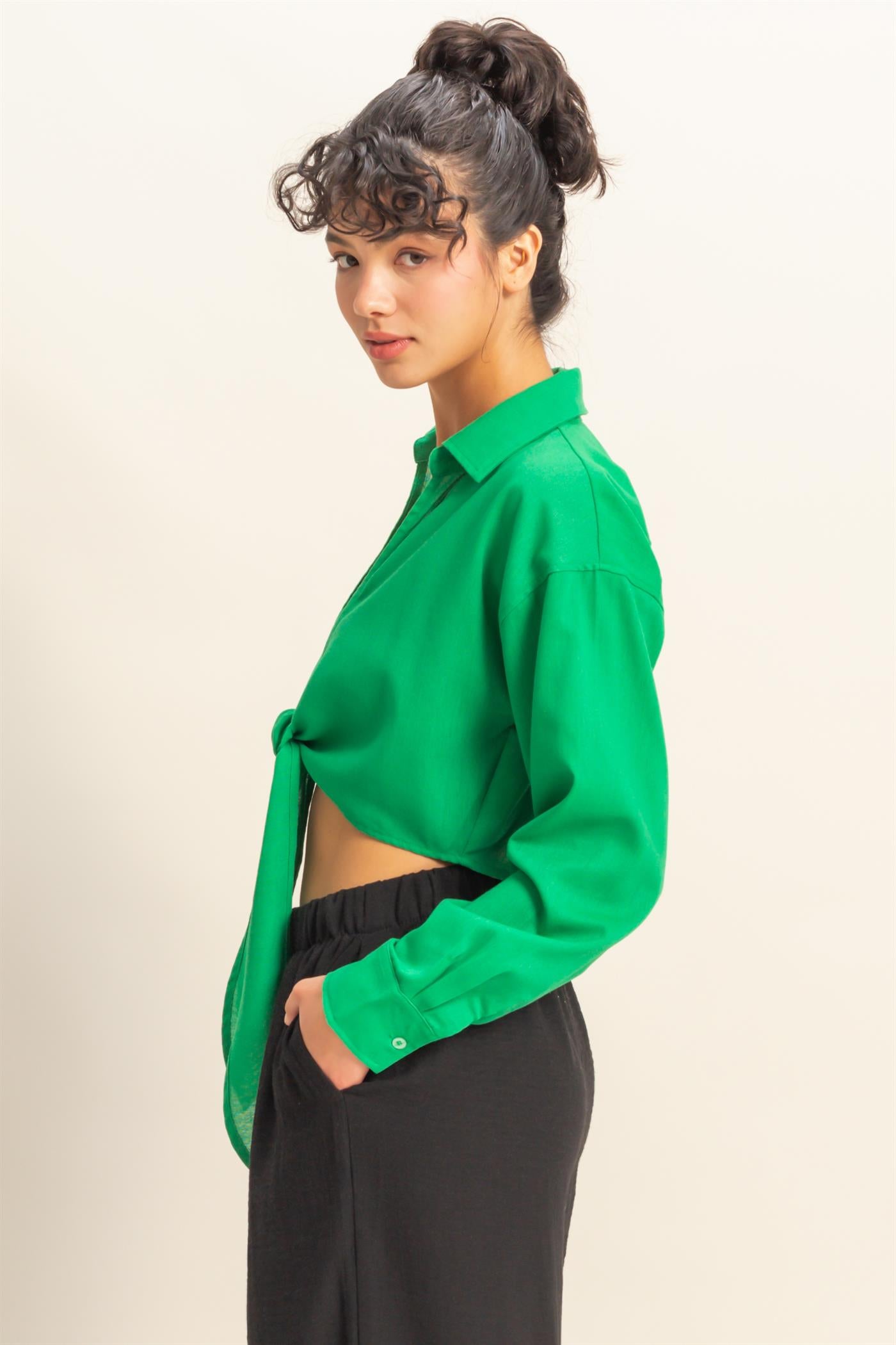 Wholesale Sand Washed Tie Front Crop Top Blouses DZ24C963 GREEN DOUBLE ZERO