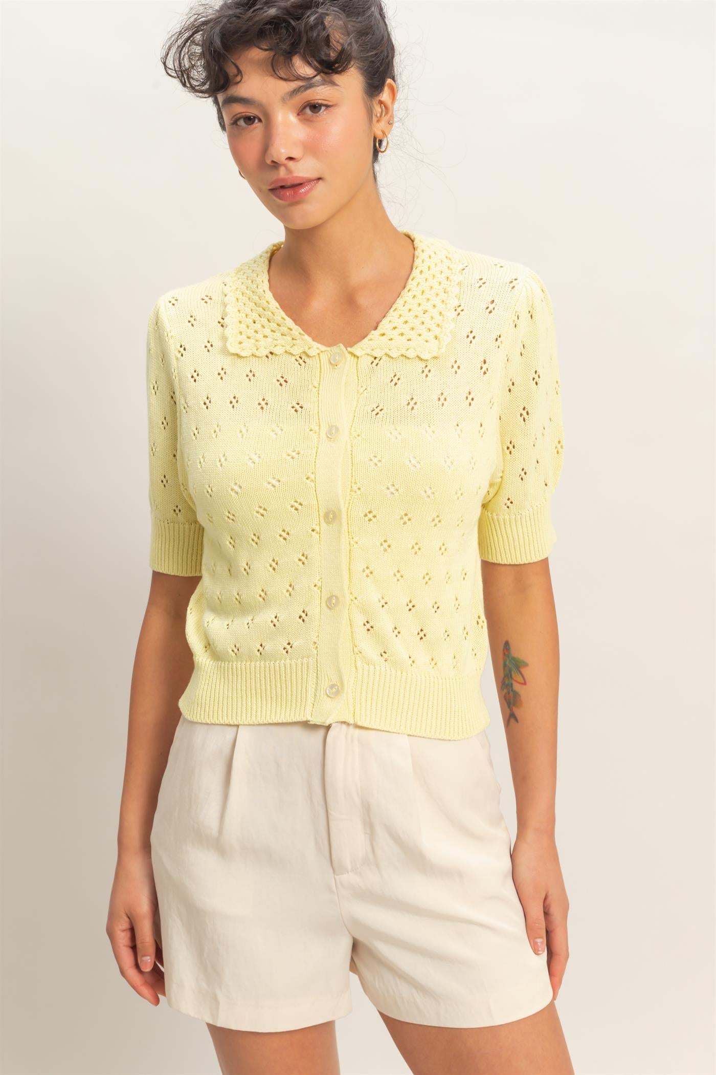 Wholesale Pointelle Collar Button-Up Puff Sleeve Knit Top Clothing Tops DZ26A748 PALE YELLOW HYFVE