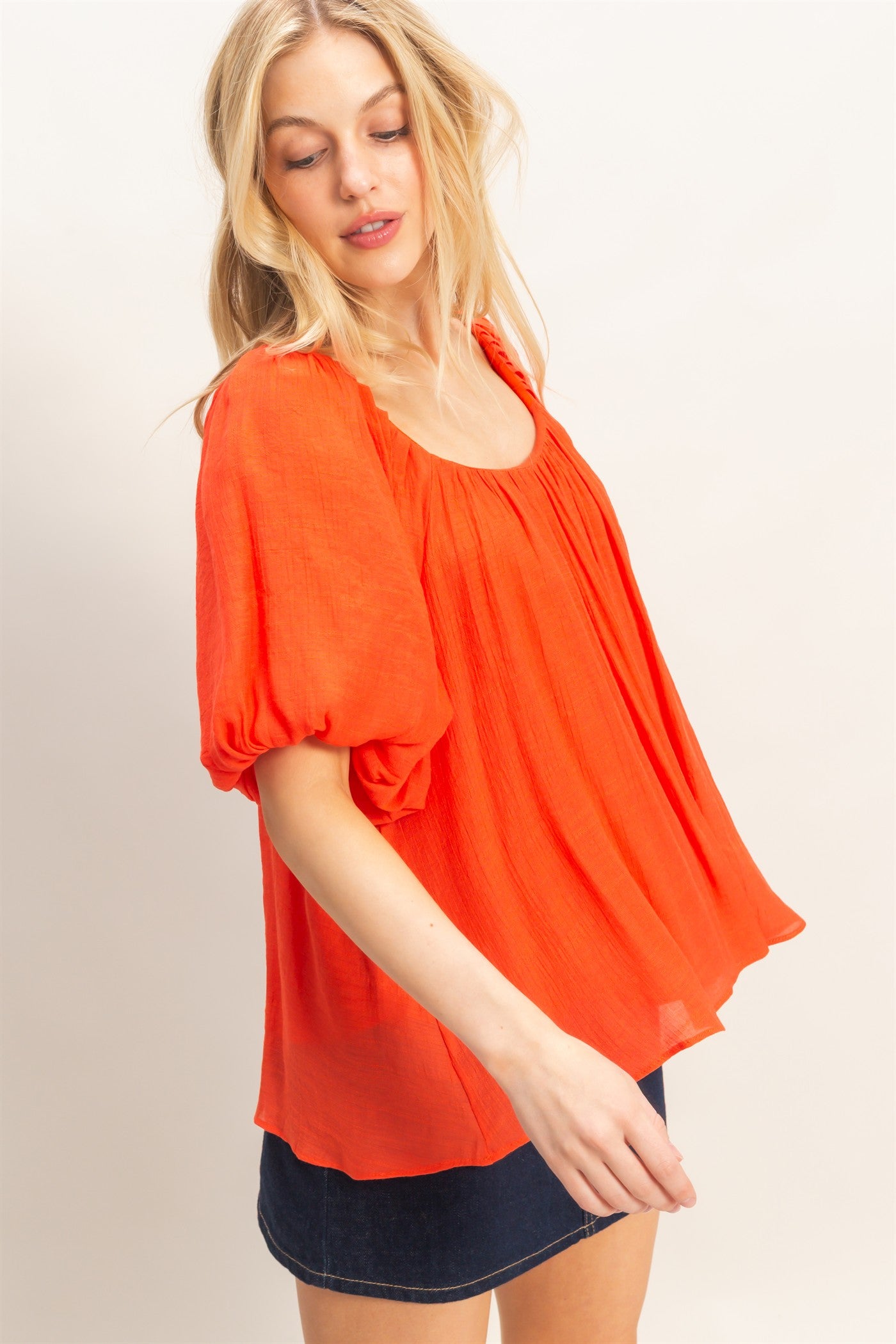 Wholesale Gathered Puff Sleeve Blouse Blouses HF26C307 ORANGE RED HYFVE