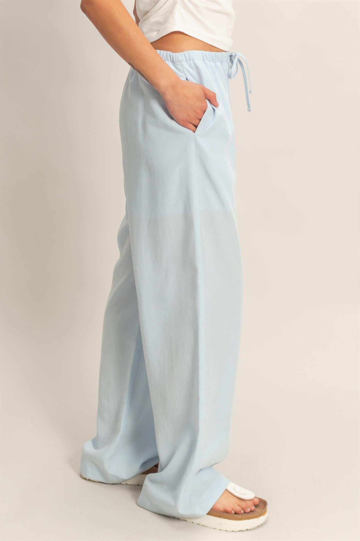 Wholesale Lyocell Linen Elastic Waist Straight Leg Pants Pants DZ26A979 ICE BLUE DOUBLE ZERO