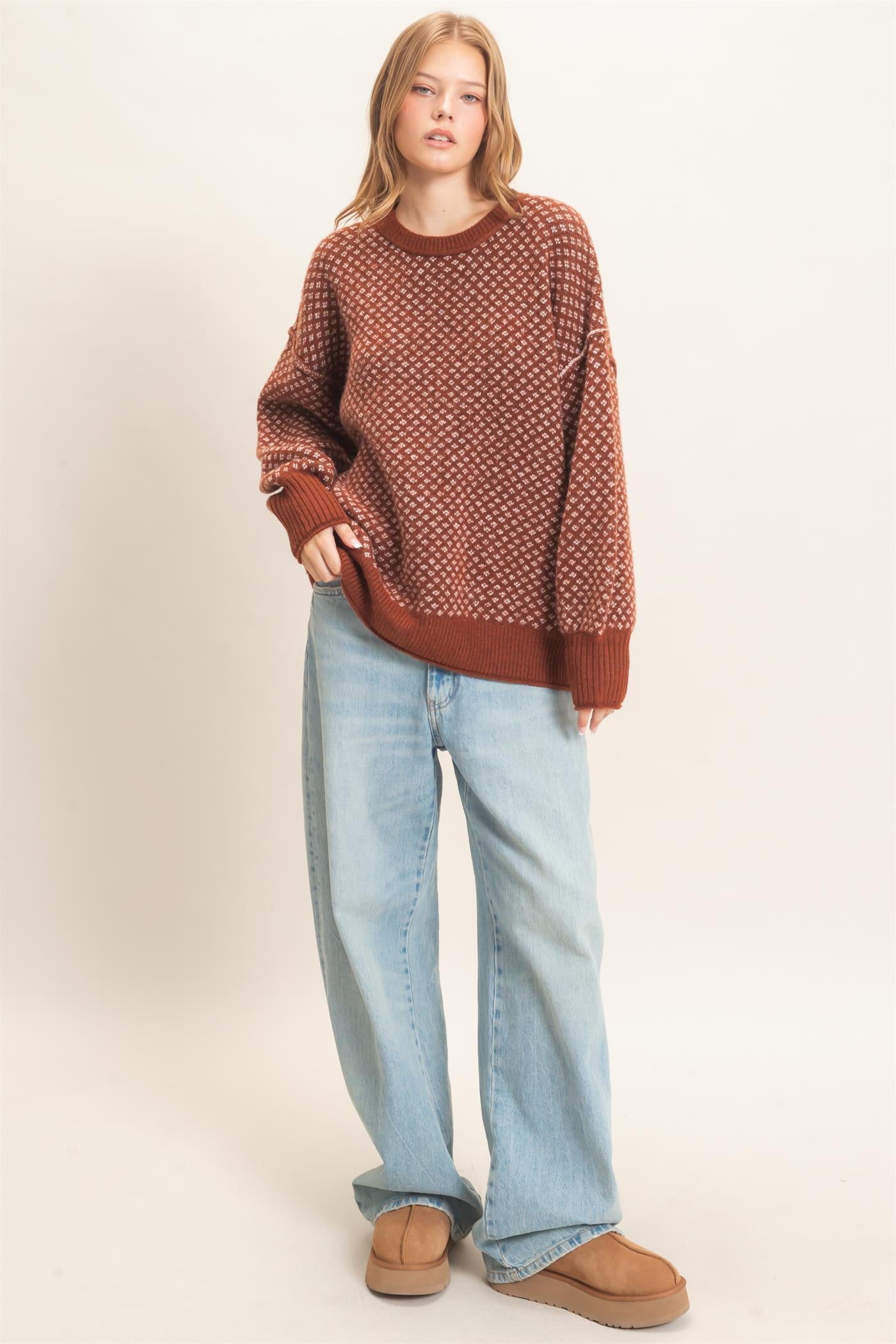 Wholesale Diamond Jacquard Knit Sweater Sweaters HF26E891 BROWN GINGER HYFVE