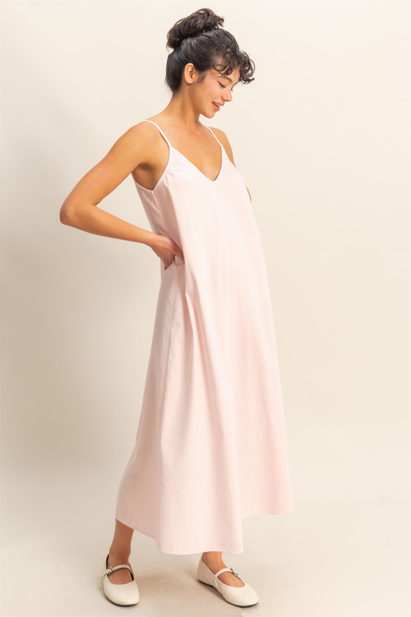 Wholesale Dyed V-Neck Loose Maxi Dress Dresses DZ24C964 SOFT PINK DOUBLE ZERO