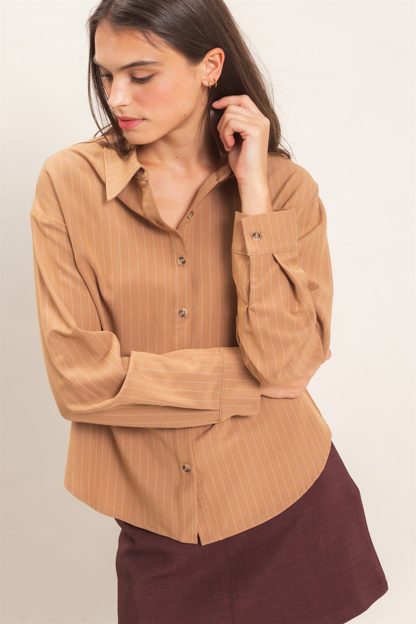 Wholesale Striped Button-Up Shirt Shirts HF27A425 LIGHT BROWN HYFVE